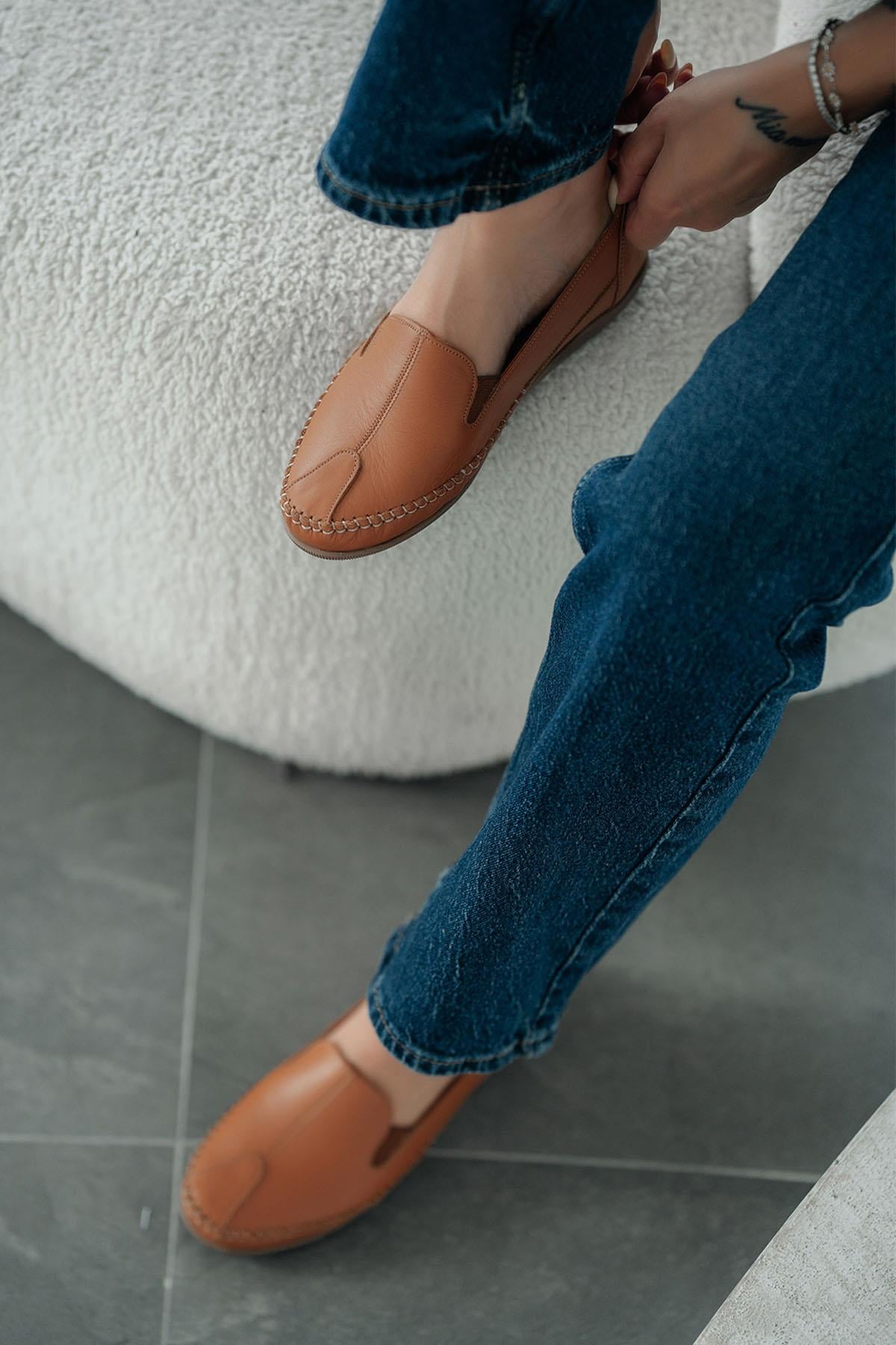 Anes Kadın Hakiki Deri Ortopedik Loafer Ayakkabı Taba