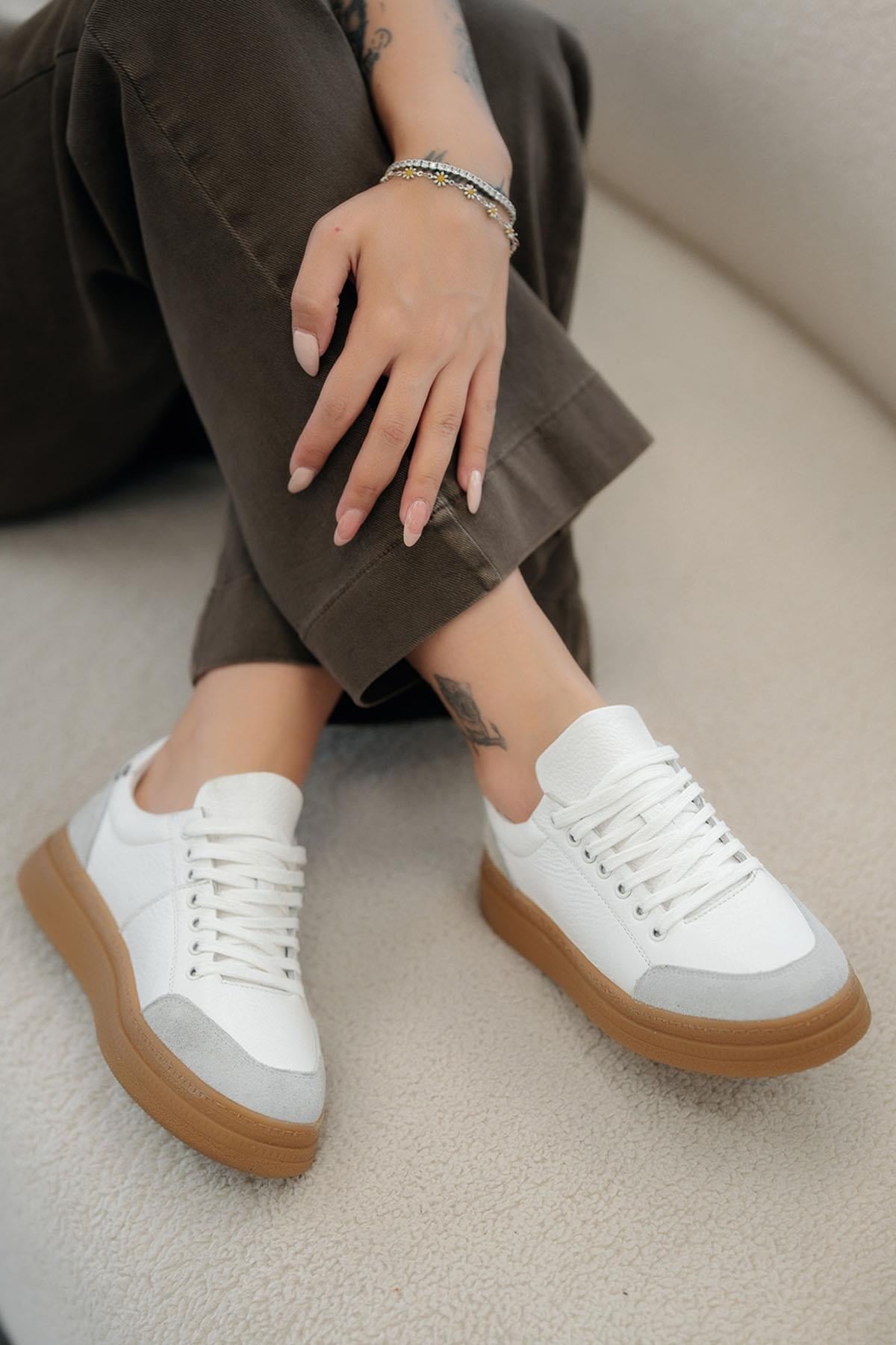Monar Kadın Bağcıklı Hakiki Deri Sneakers Beyaz