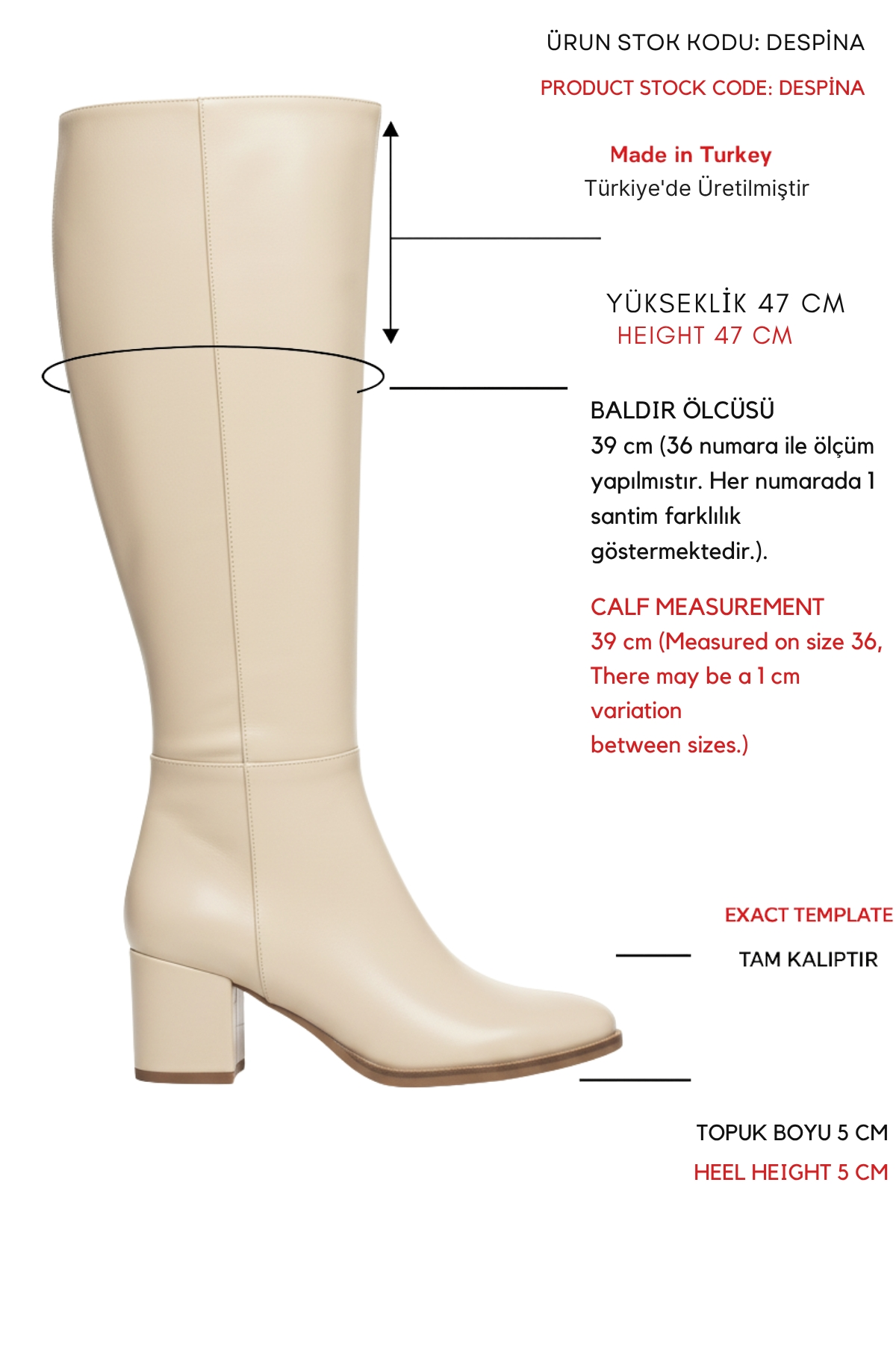 Despina Bej Deri Topuklu (5 cm Topuklu ) Yanı Fermuarlı Günlük Kullanım Çizme