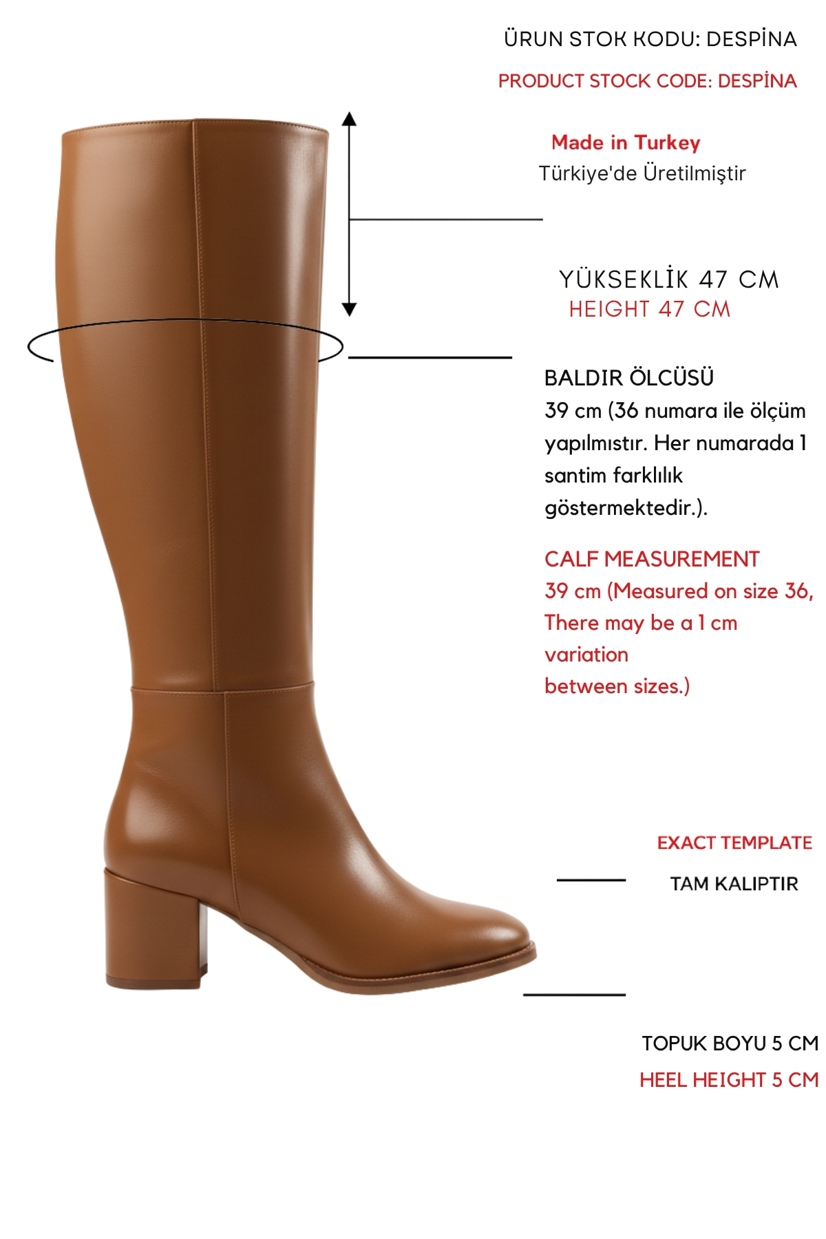 Despina Taba Deri Topuklu (5 cm Topuklu ) Yanı Fermuarlı Günlük Kullanım Çizme