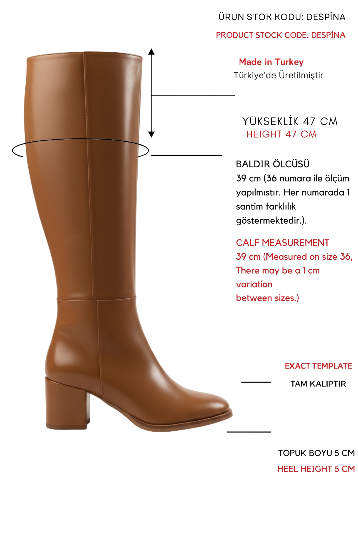 Despina Taba Deri Topuklu (5 cm Topuklu ) Yanı Fermuarlı Günlük Kullanım Çizme
