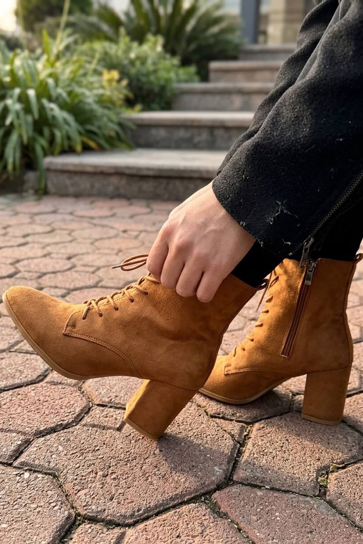 Eliz Taba Süet ( 7cm Topuklu ) Sivri Burun Bağcıklı Günlük Kadın Bot