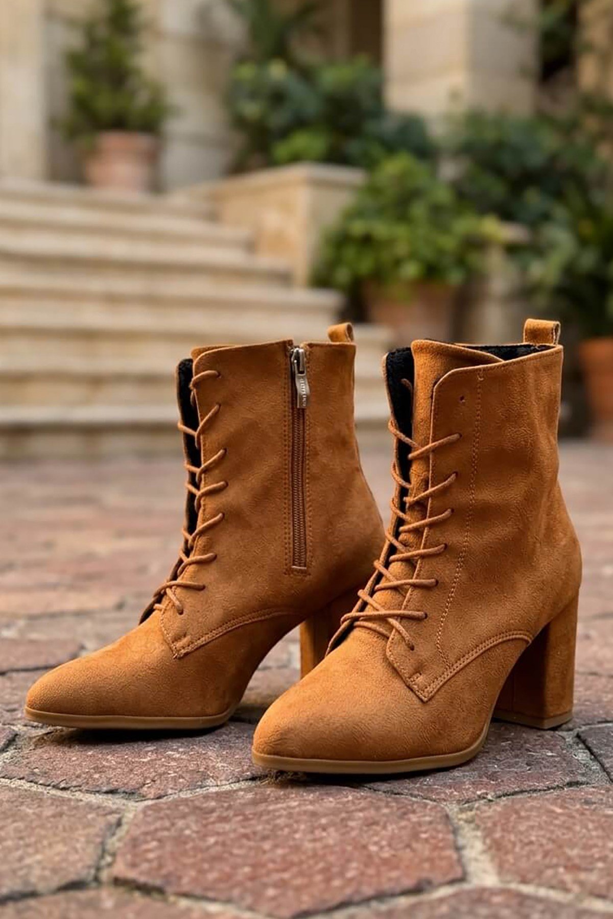 Eliz Taba Süet ( 7cm Topuklu ) Sivri Burun Bağcıklı Günlük Kadın Bot