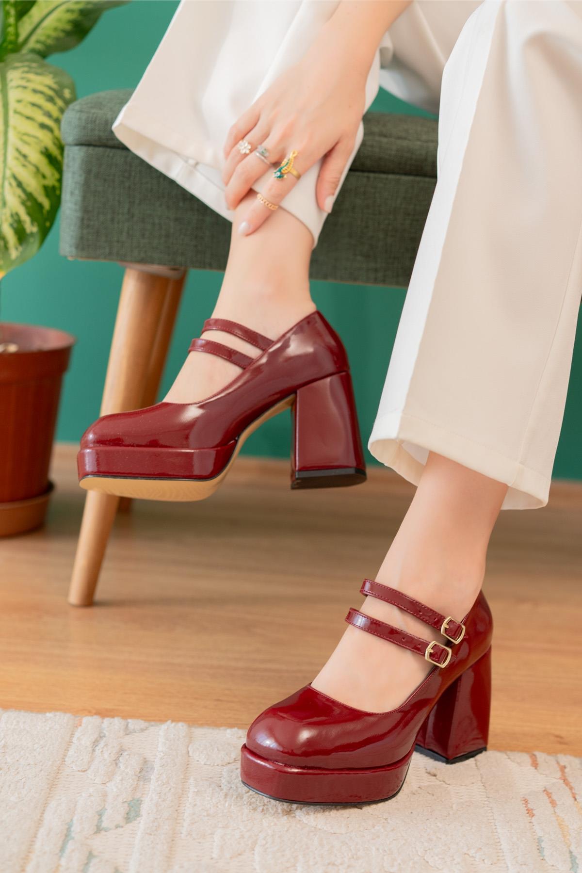Kessie Bordo ( 9 cm Topuklu) Çift Tokalı Platformlu Topuklu Ayakkabı