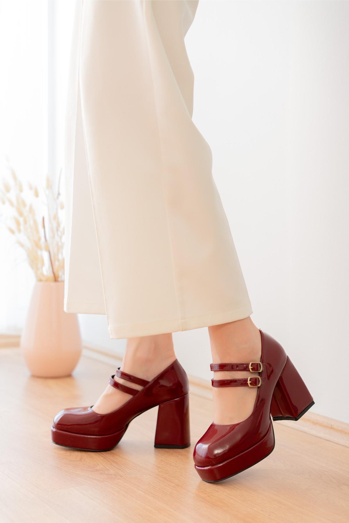 Kessie Bordo ( 9 cm Topuklu) Çift Tokalı Platformlu Topuklu Ayakkabı