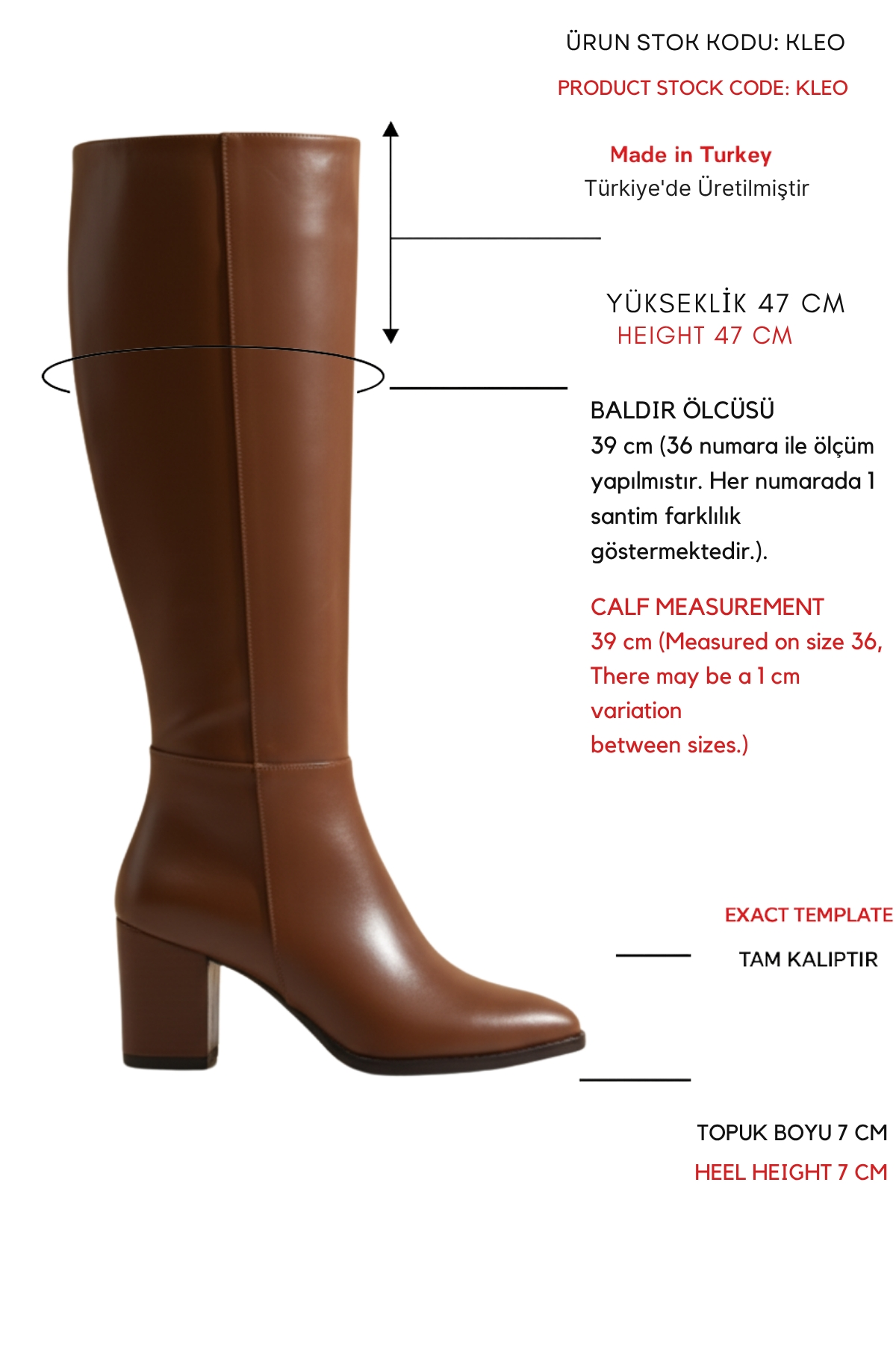 Kleo Kahverengi Deri Topuklu (7cm) Yanı Fermuarlı Günlük Kullanım Çizme
