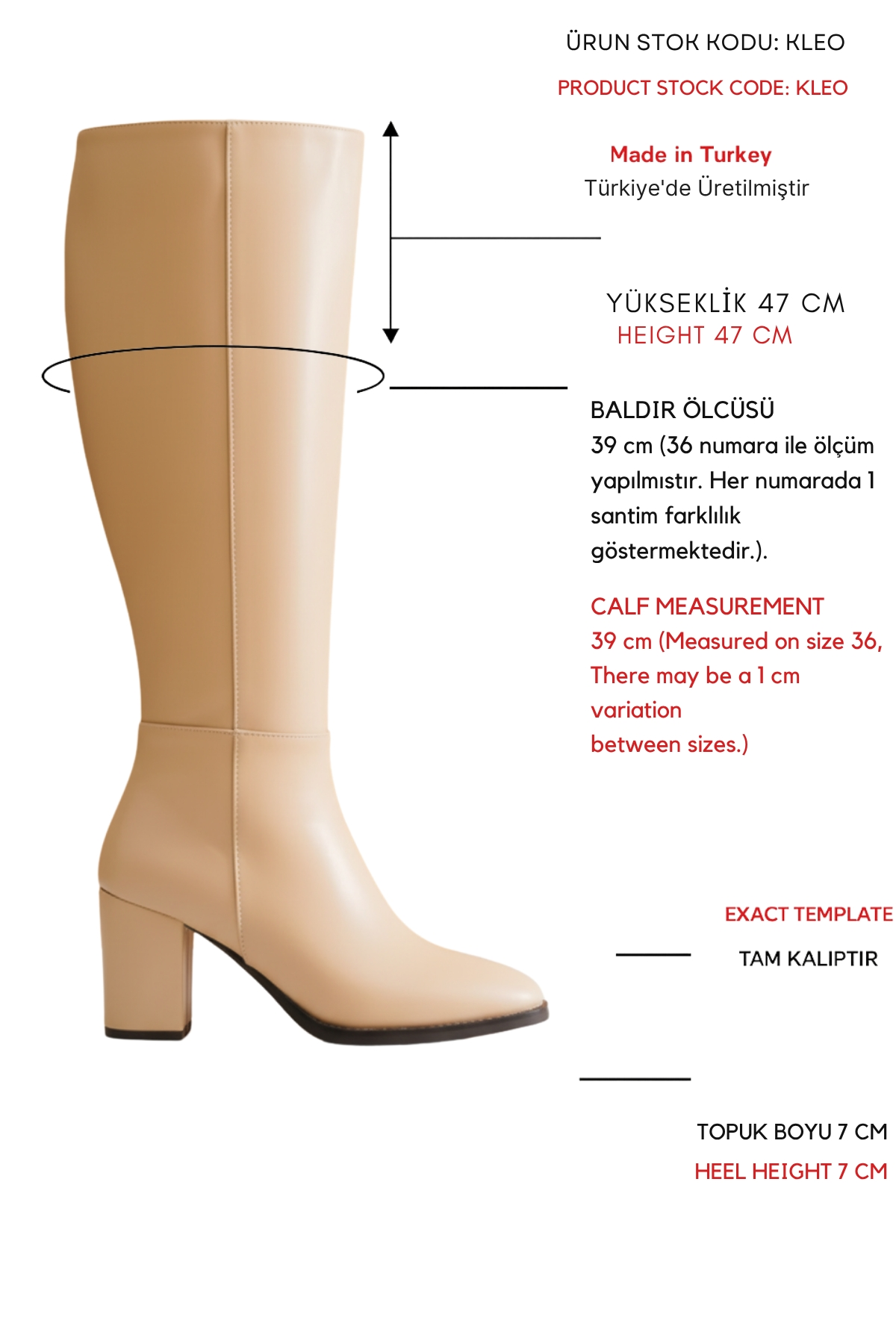 Kleo Nude Deri Topuklu (7cm) Yanı Fermuarlı Günlük Kullanım Çizme