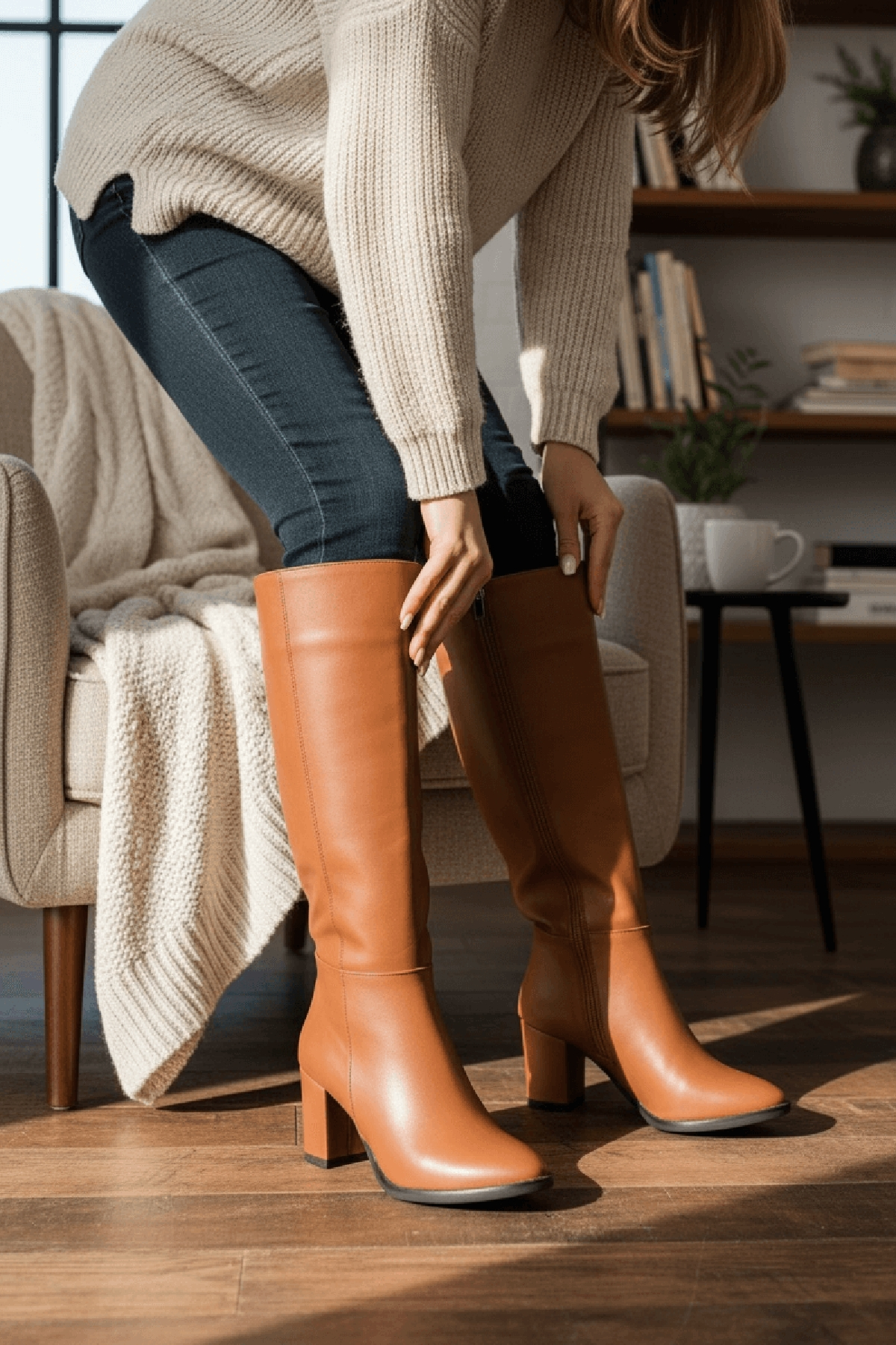 Kleo Taba Deri Topuklu (7cm) Yanı Fermuarlı Günlük Kullanım Çizme