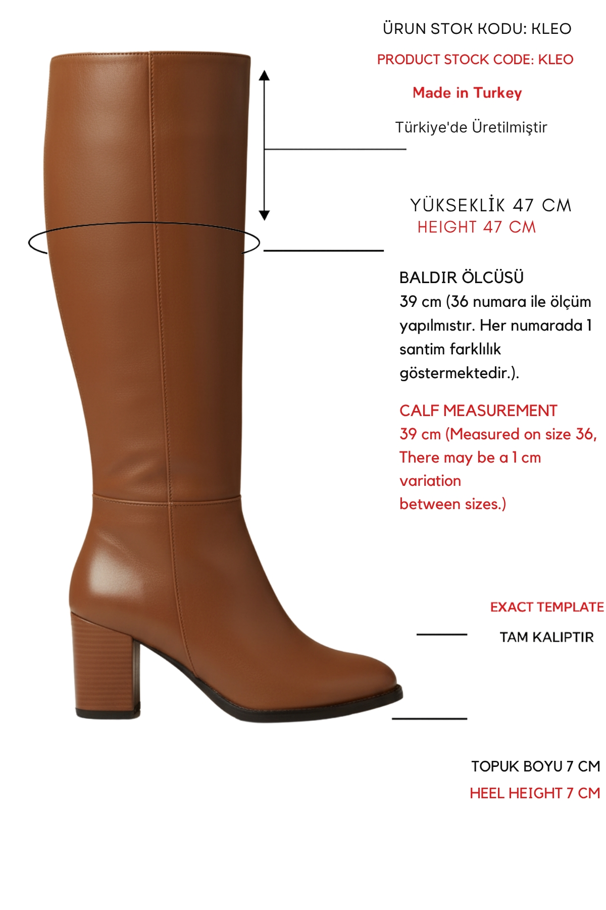 Kleo Taba Deri Topuklu (7cm) Yanı Fermuarlı Günlük Kullanım Çizme