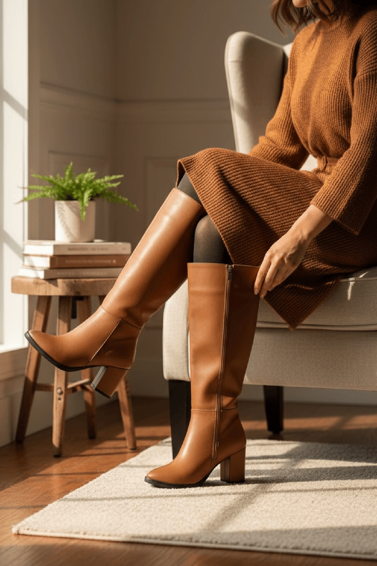 Kleo Taba Deri Topuklu (7cm) Yanı Fermuarlı Günlük Kullanım Çizme