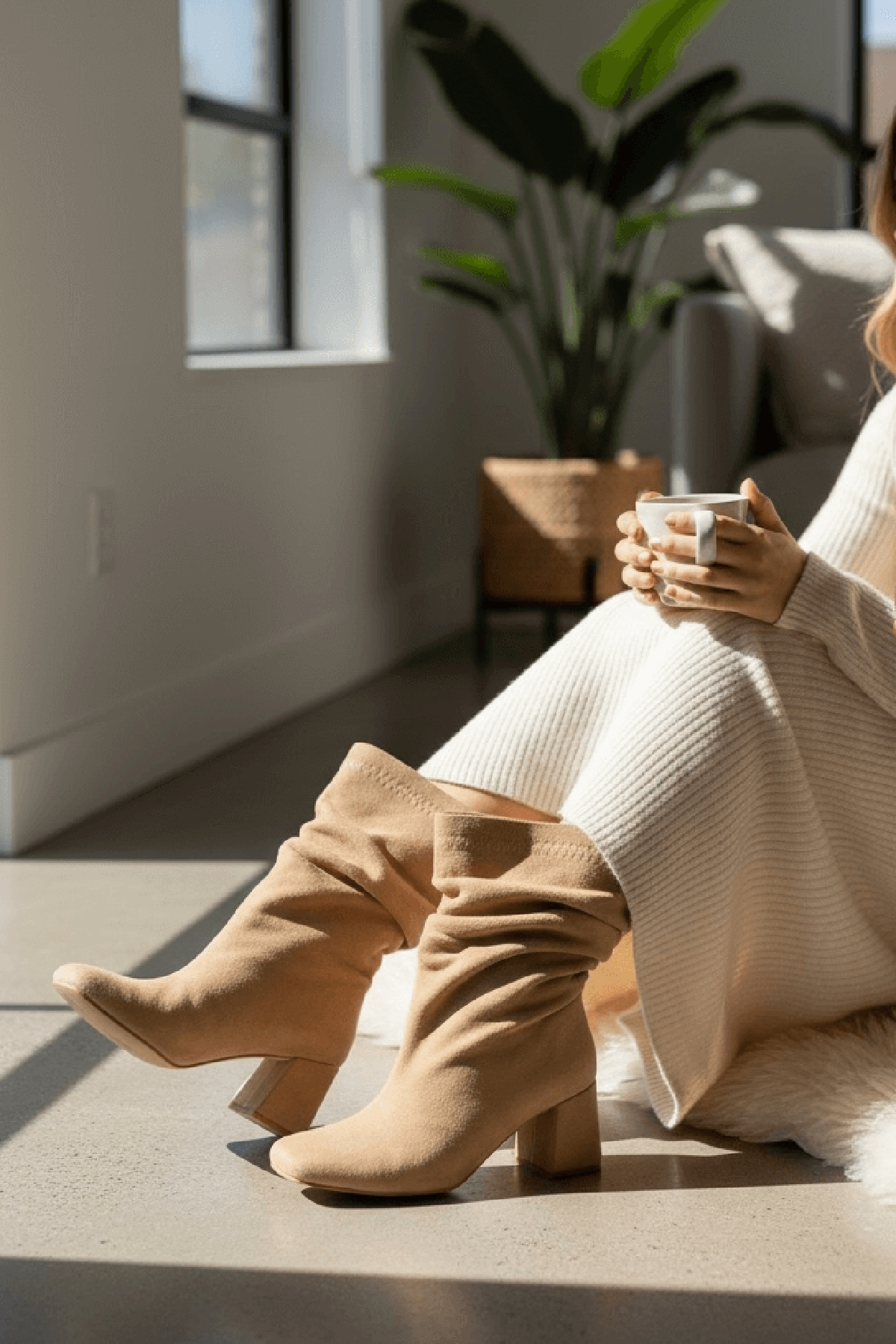 Madamore Bej Süet Büzgülü Küt Burun (8 cm Topuk Boyu) Günlük Kullanım Bot