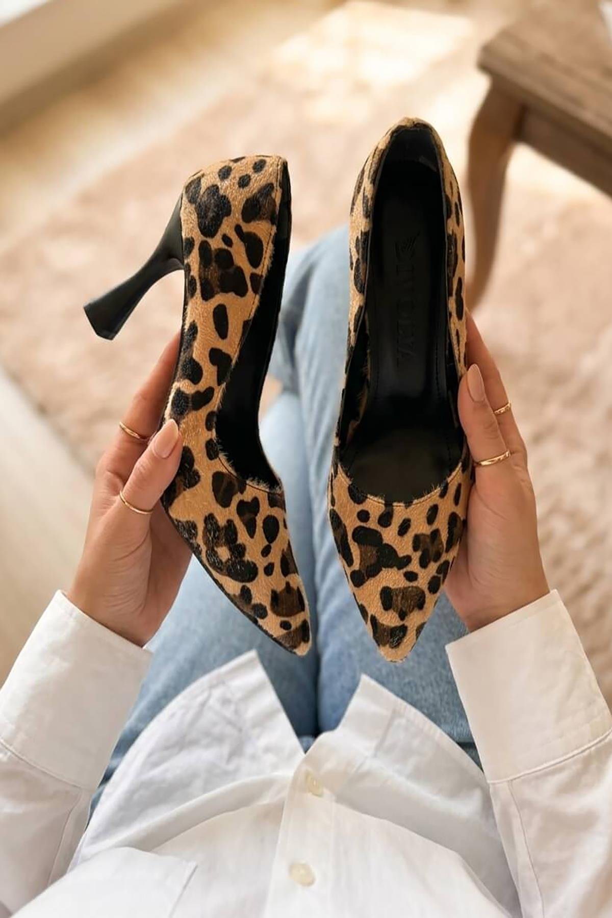 Vest Leopar (8cm) Topuk  Boyu Günlük Kullanım Stiletto