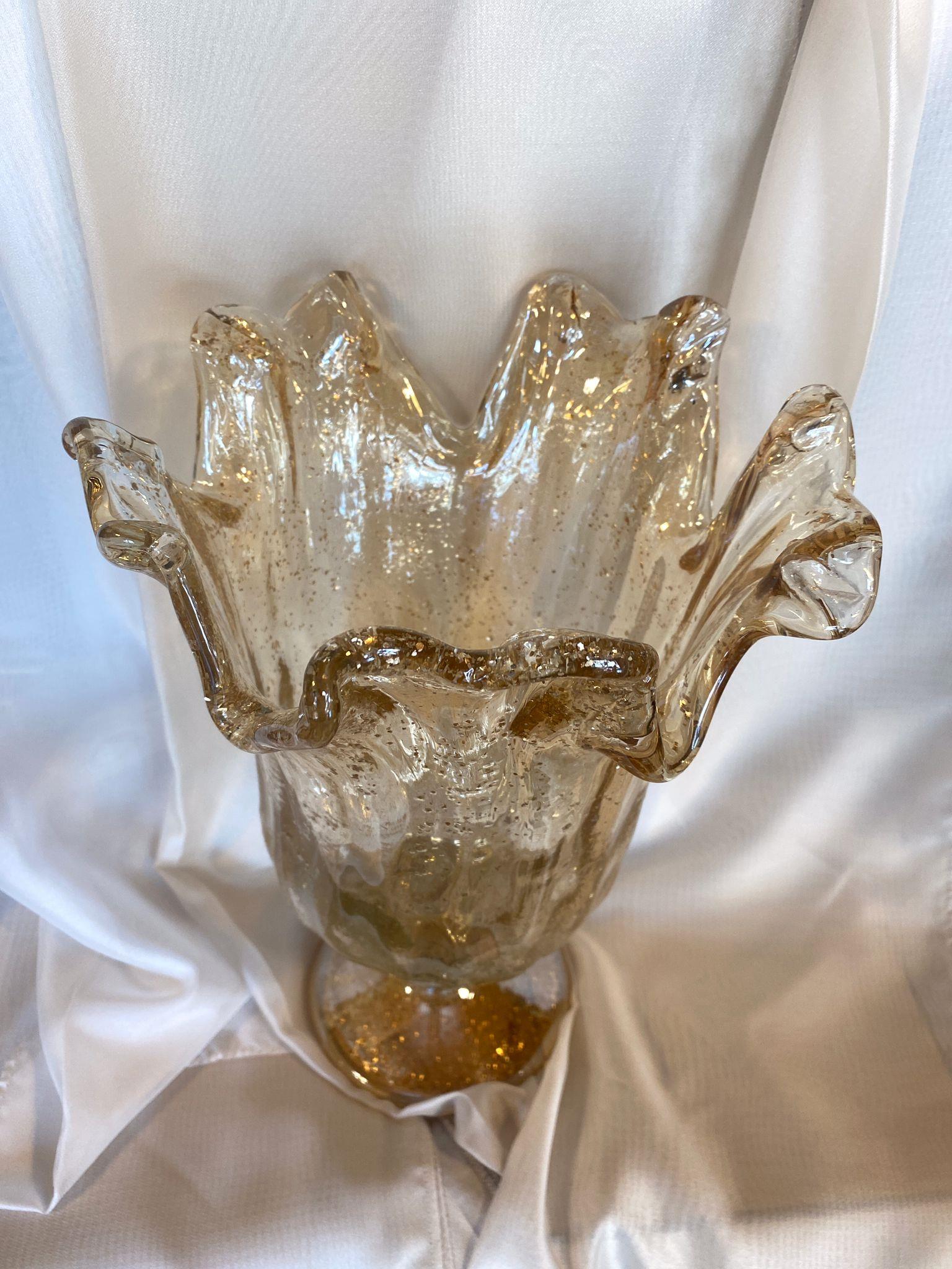 Murano İtalyan Altın  Püskürtme Ayaklı Gold Orta Boy Vazo