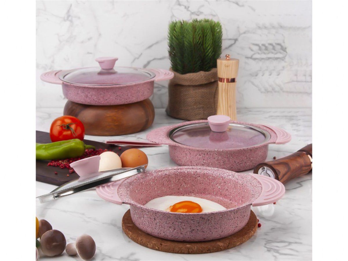 Taç 3180 Granit Plus 3'lü Sahan Seti Tak/Çıkar Silikon Saplı Pembe
