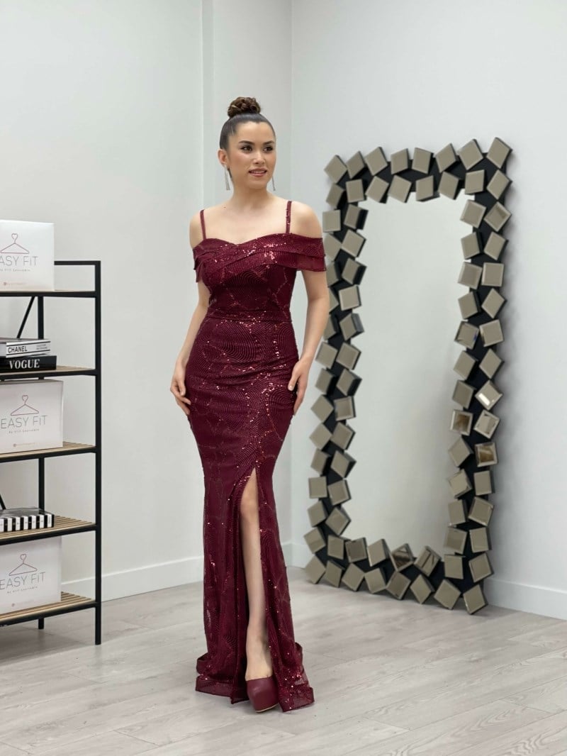 Açık Omuz Pullu Tül Elbise - BORDO