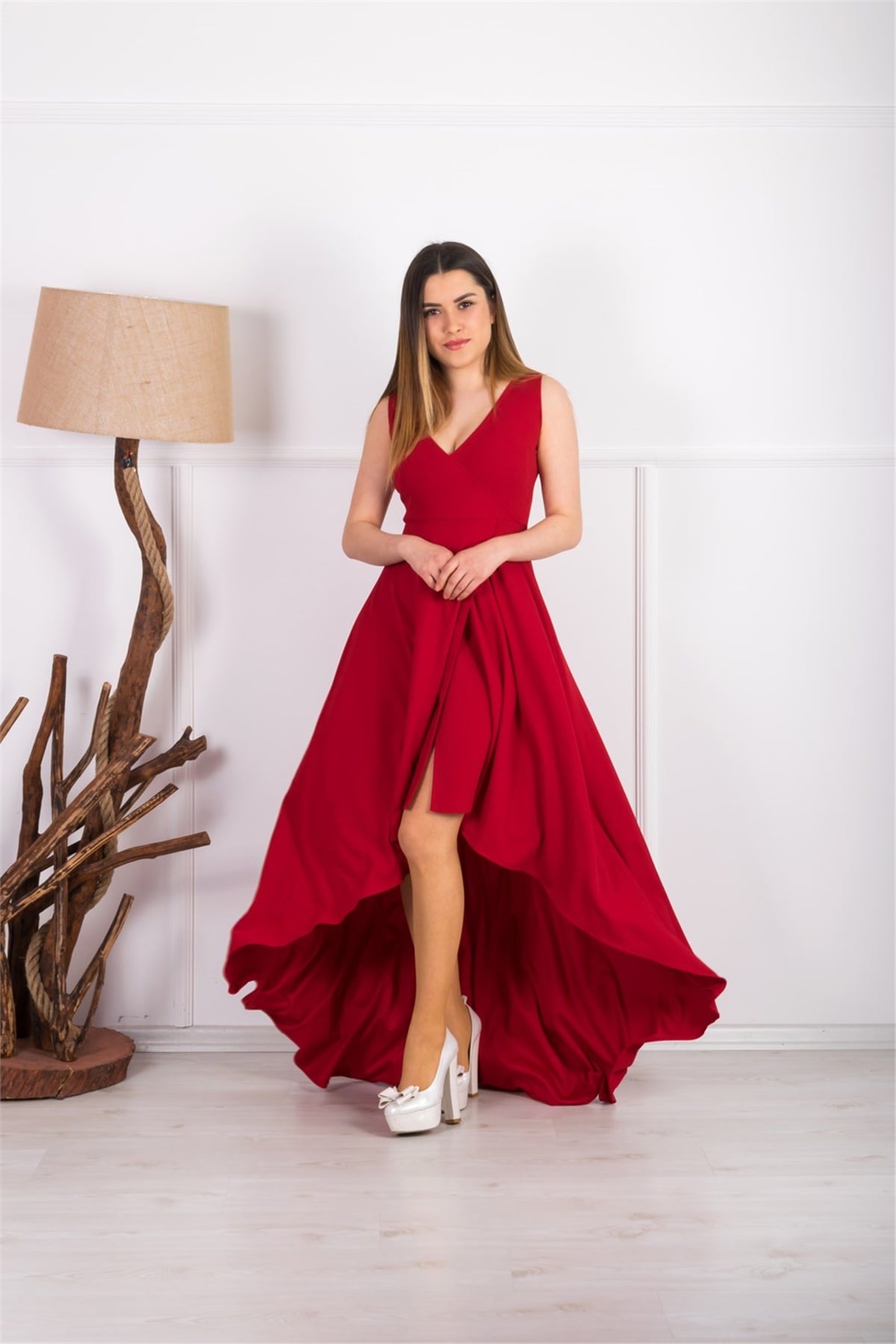 Asimetrik Abiye Elbise - Kırmızı
