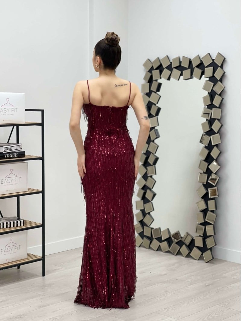 Askılı Saçaklı Pullu Elbise - BORDO