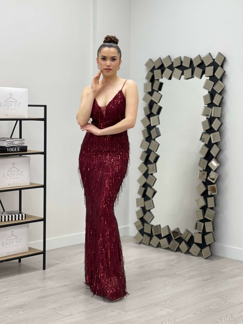Askılı Saçaklı Pullu Elbise - BORDO