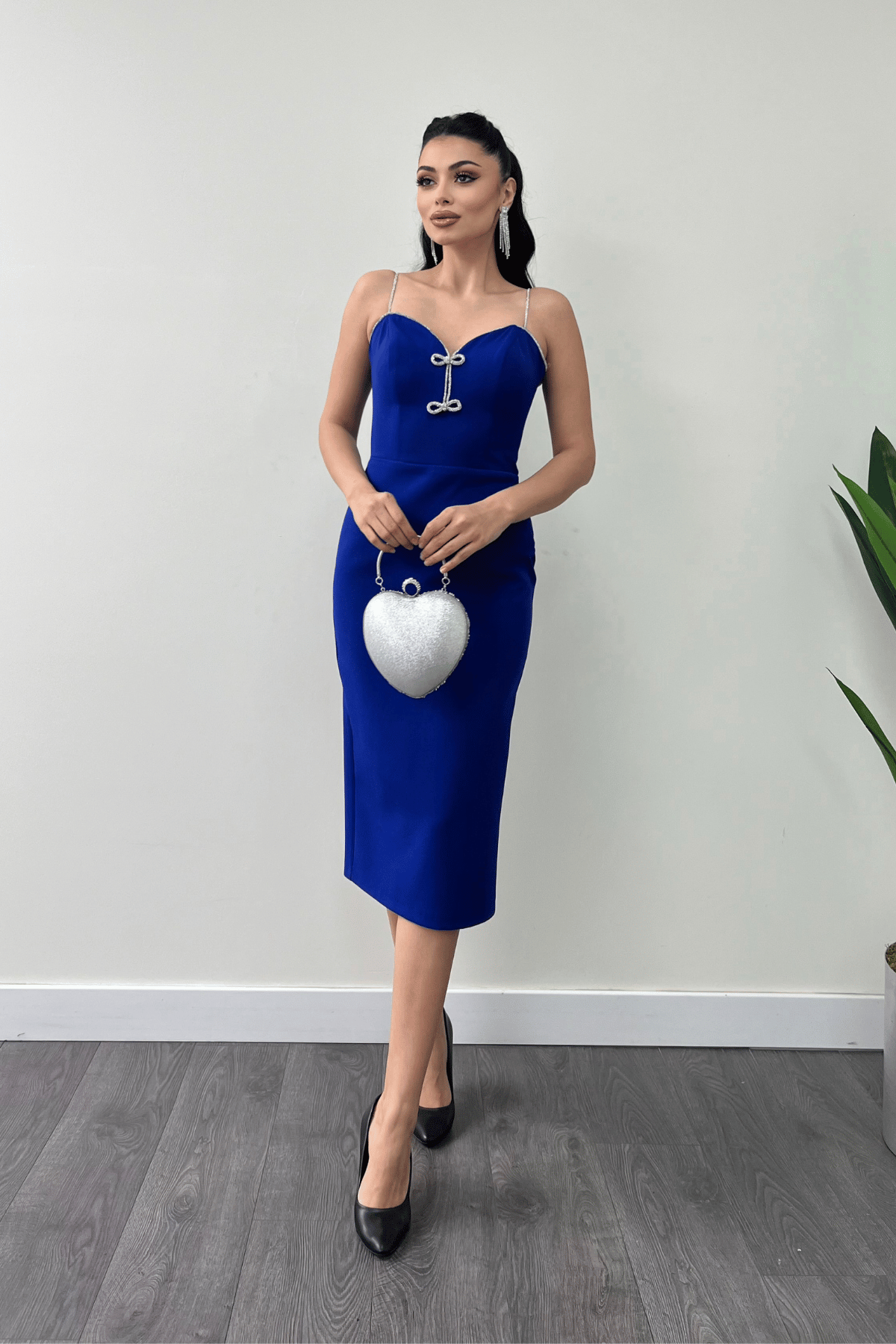 Atlas Kumaş Askılı Payet Detaylı Kalem Elbise - SAKS MAVİ