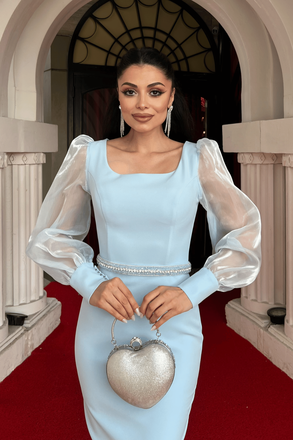 Atlas Kumaş Belli Taşlı Kalem Elbise - BEBE MAVİSİ