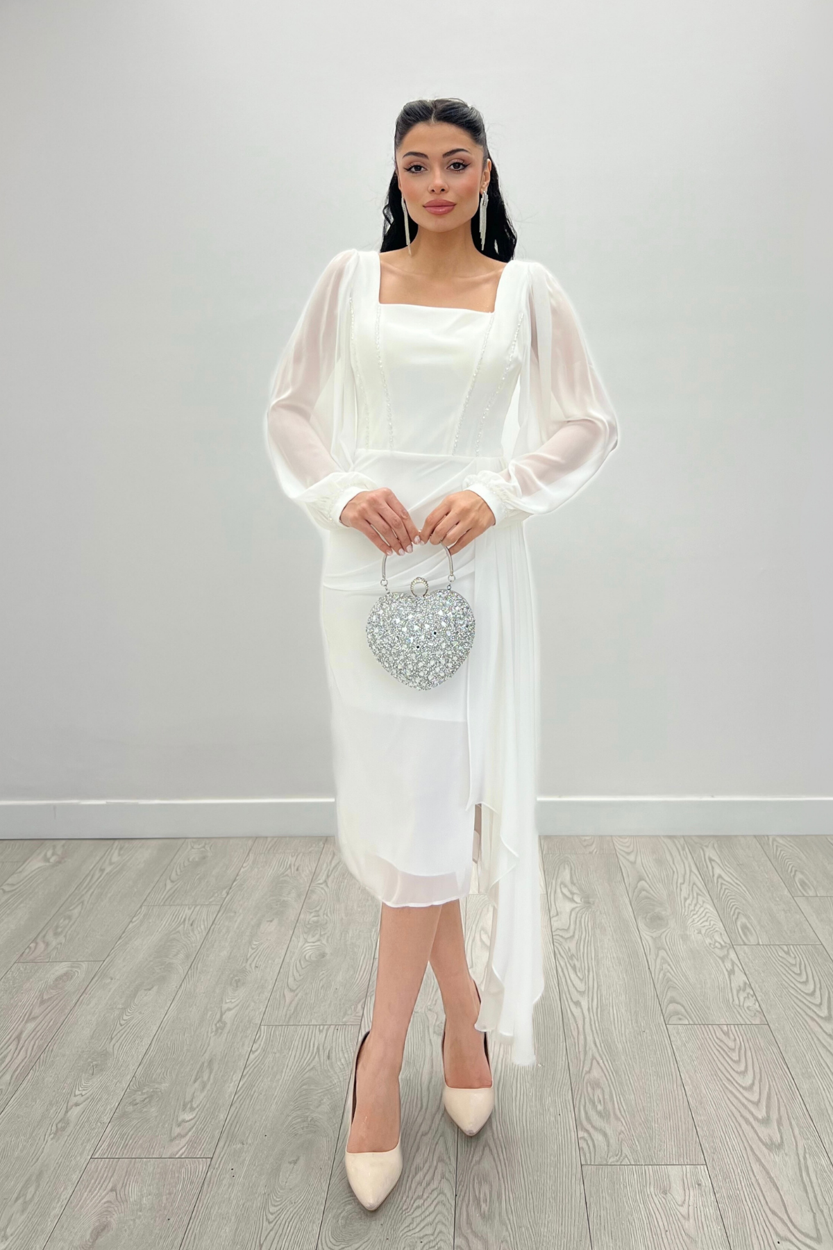 Atlas Kumaş Boncuk Detaylı Şifon Kol Kalem Elbise - BEYAZ