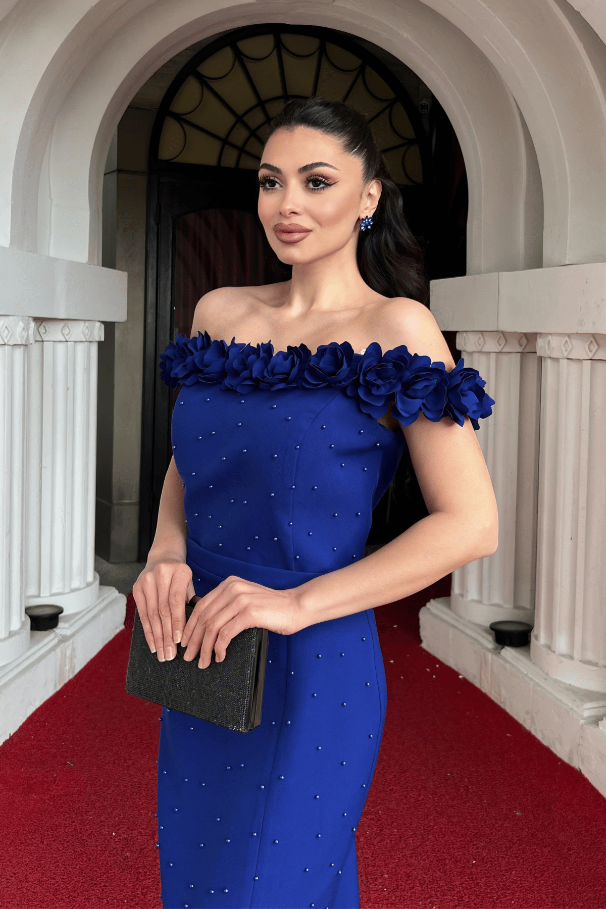 Atlas Kumaş Çiçekli İnci Detaylı Kalem Elbise - SAKS MAVİ