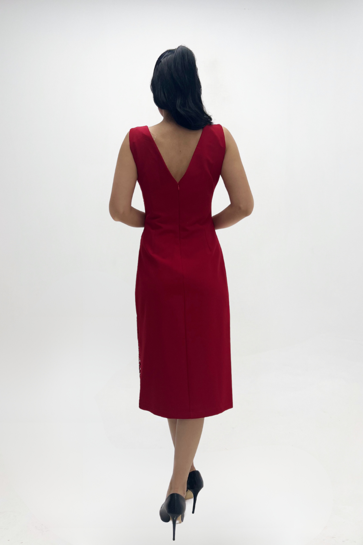 Atlas Kumaş Dantel Detaylı Kalem Elbise KIRMIZI