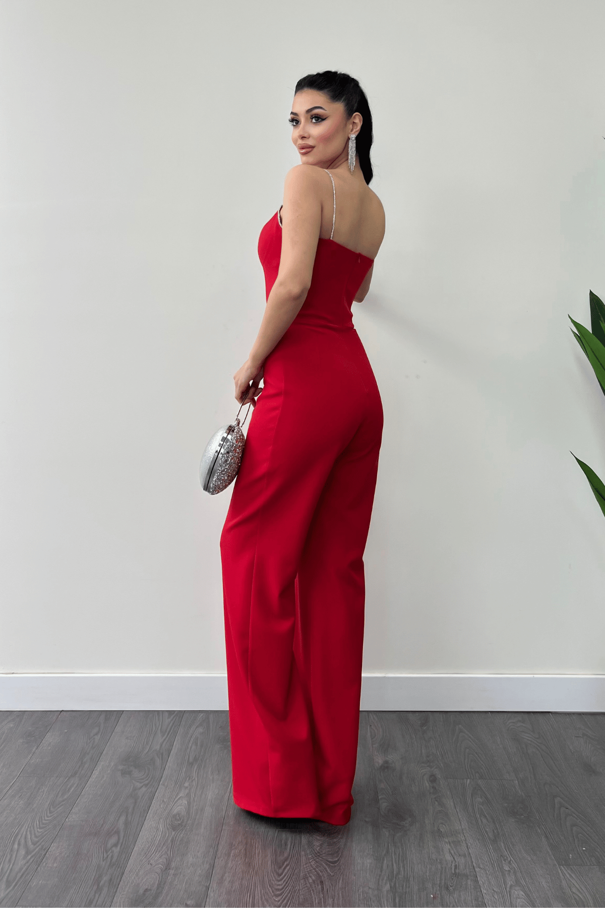 Atlas Kumaş Fiyonk Detaylı Abiye Tulum - KIRMIZI