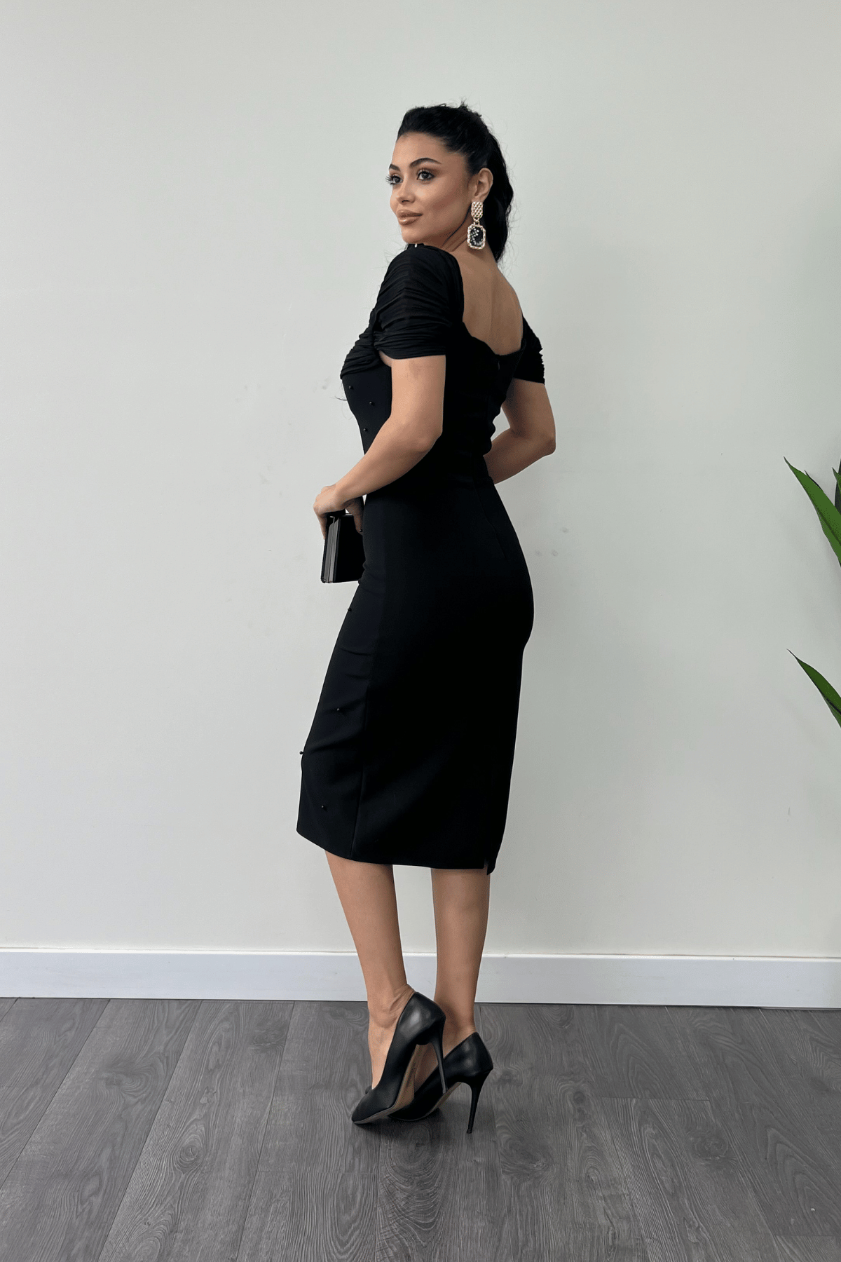 Pearl Detailed Low Neck Evening Dress - BLACK