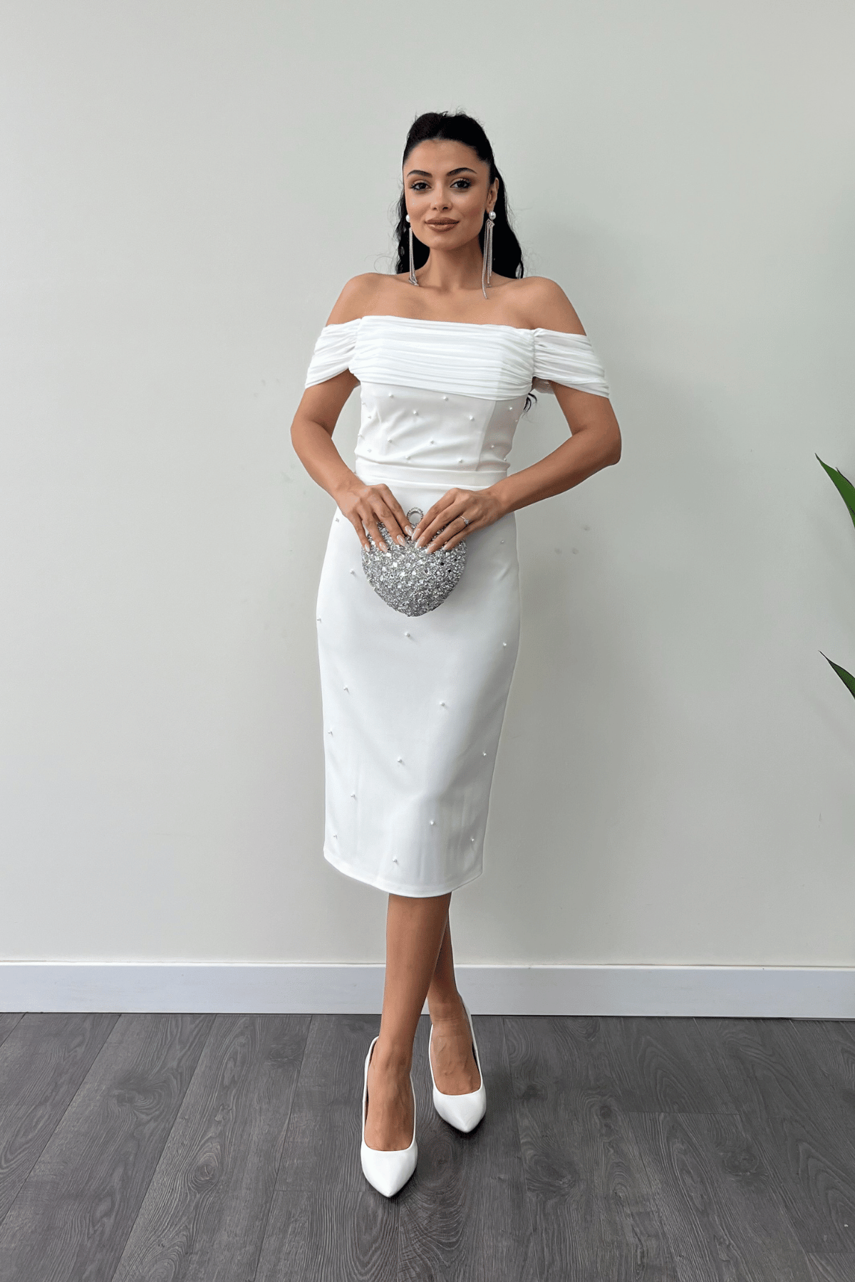 Pearl Detailed Low Neck Evening Dress - WHITE