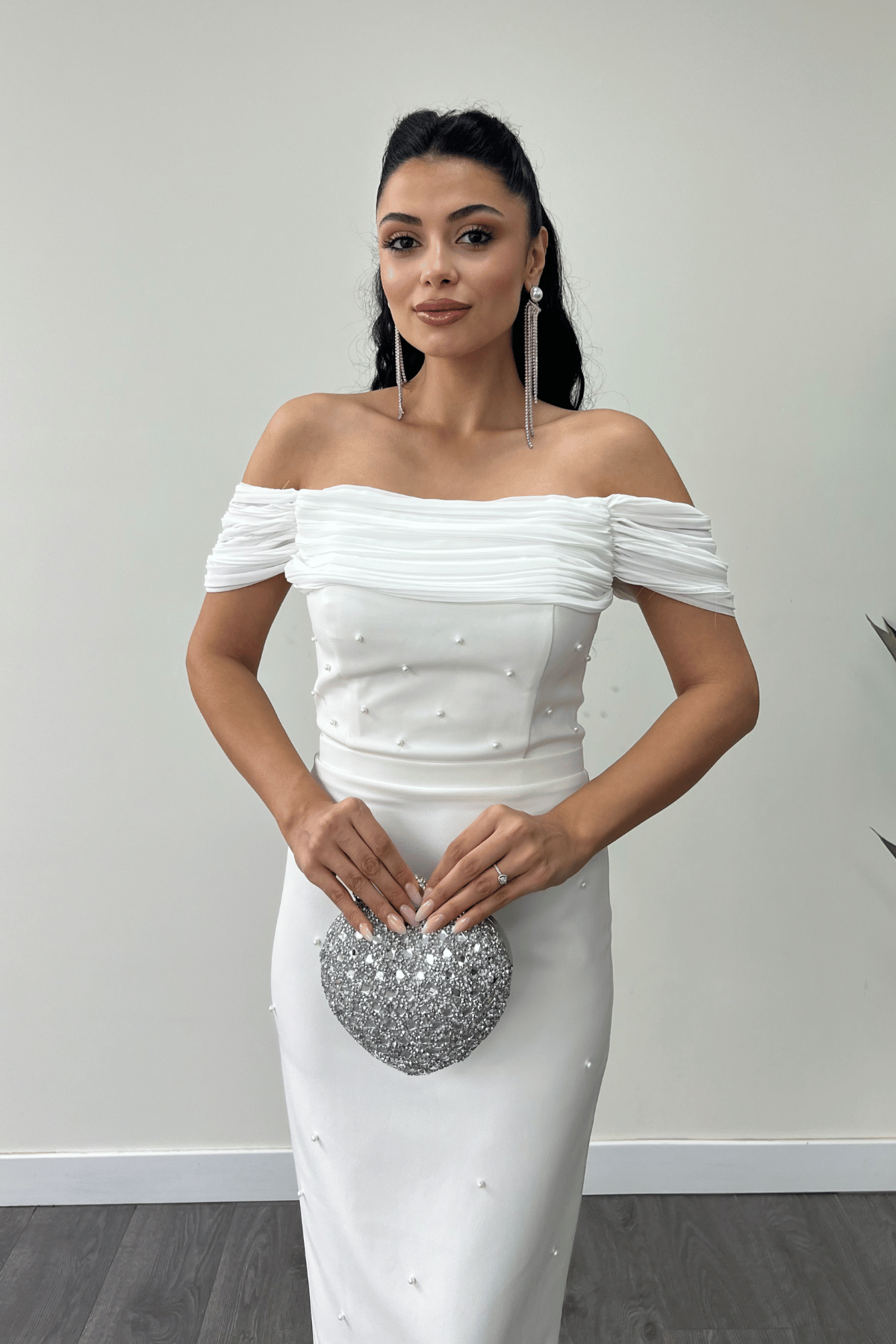 Pearl Detailed Low Neck Evening Dress - WHITE