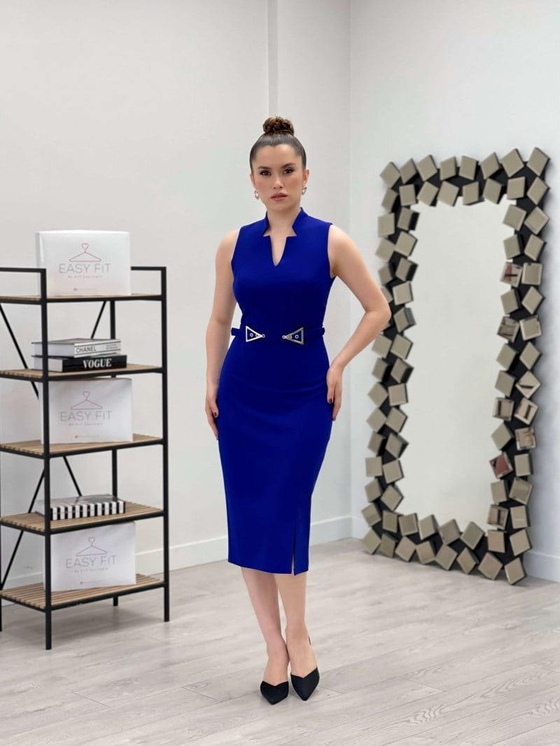 Atlas Kumaş Kemer Detaylı Kalem Elbise - SAKS MAVİ