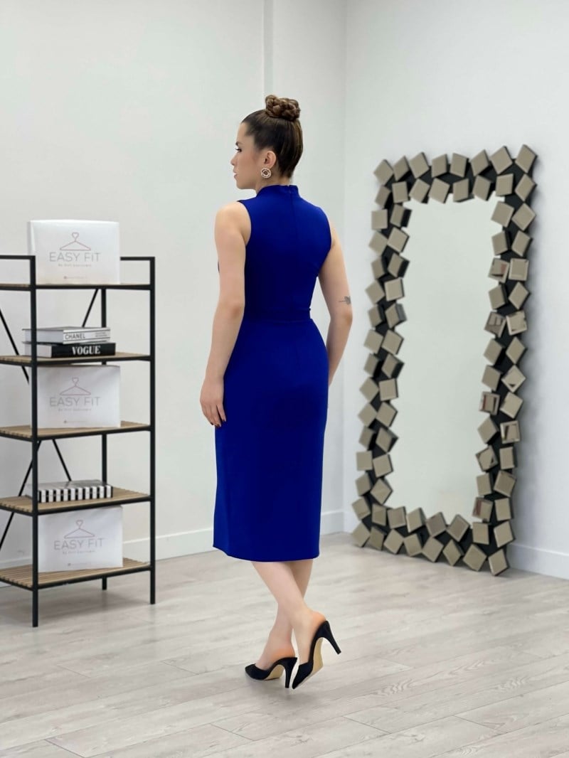 Atlas Kumaş Kemer Detaylı Kalem Elbise - SAKS MAVİ