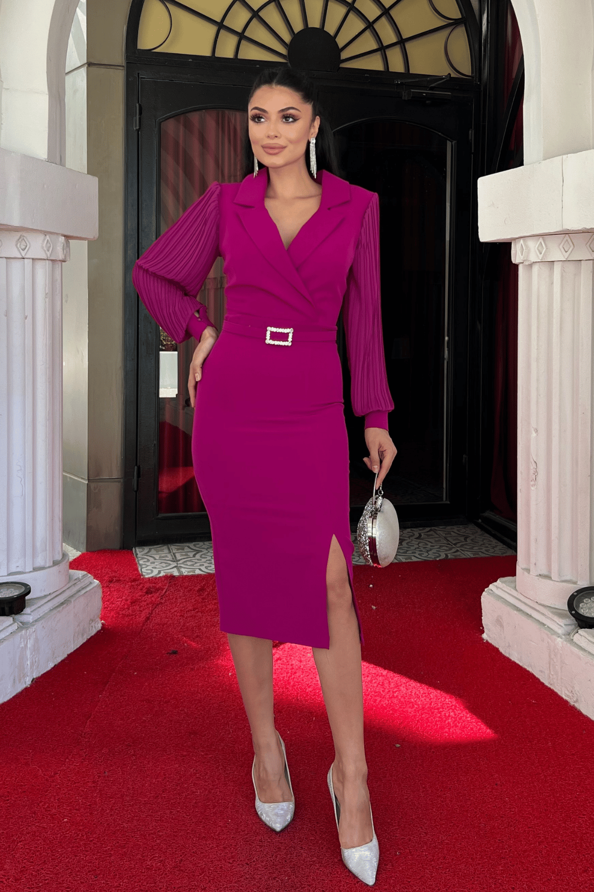 Atlas Kumaş Kolları Pile Detaylı Ceket Elbise - FUŞYA