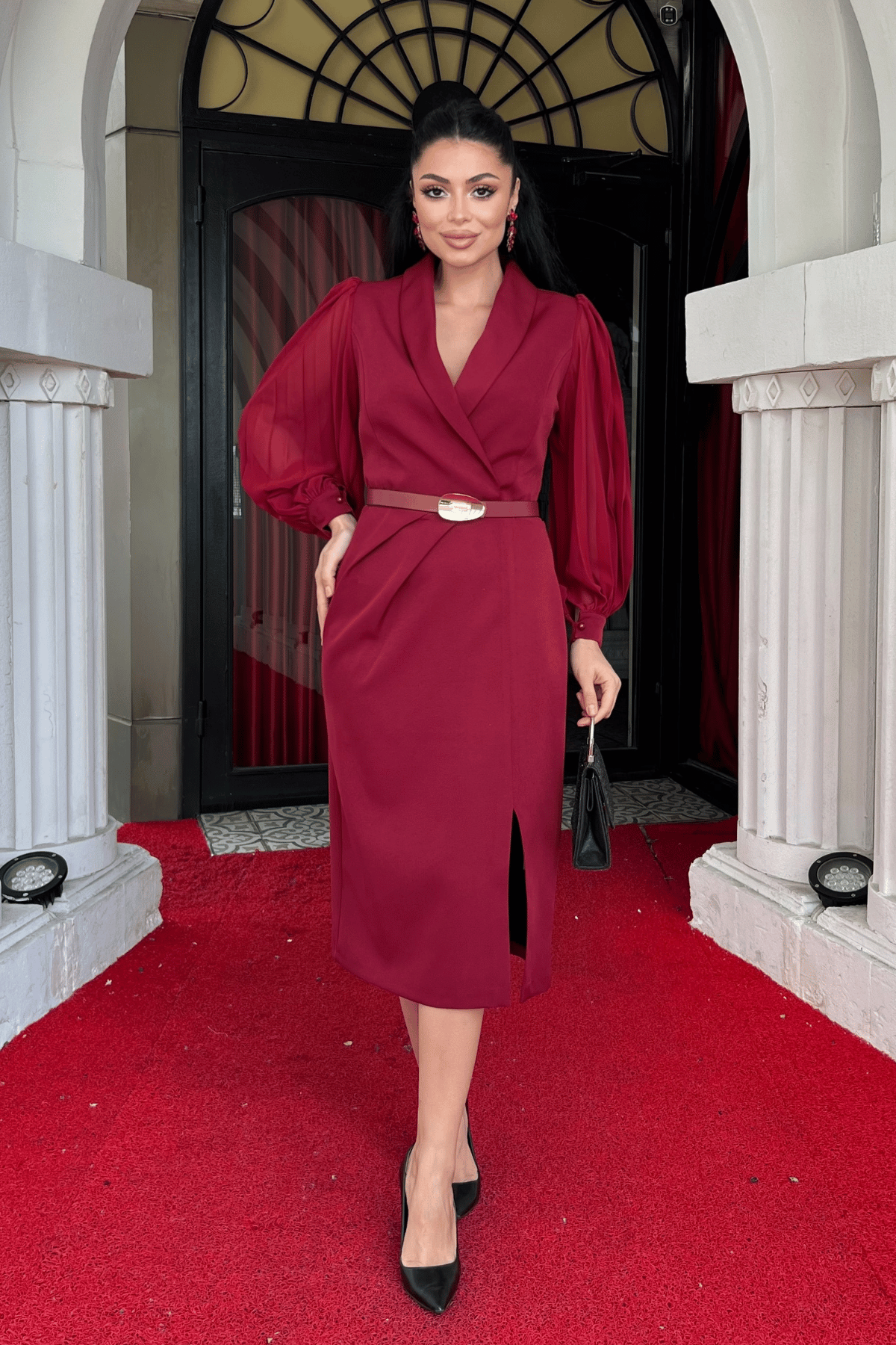 Atlas Kumaş Kolları Şifon Detaylı Ceket Elbise - BORDO