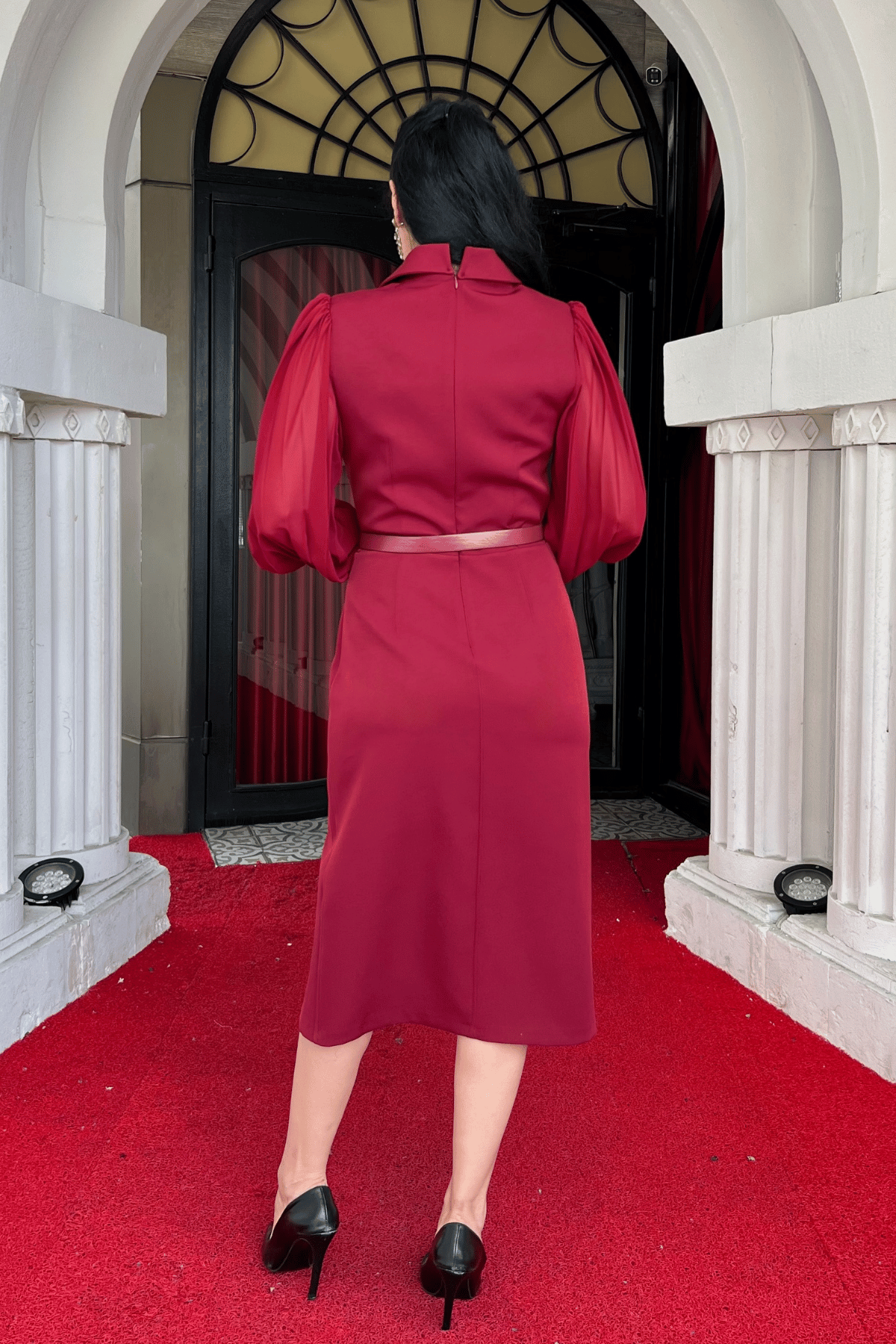 Atlas Kumaş Kolları Şifon Detaylı Ceket Elbise - BORDO