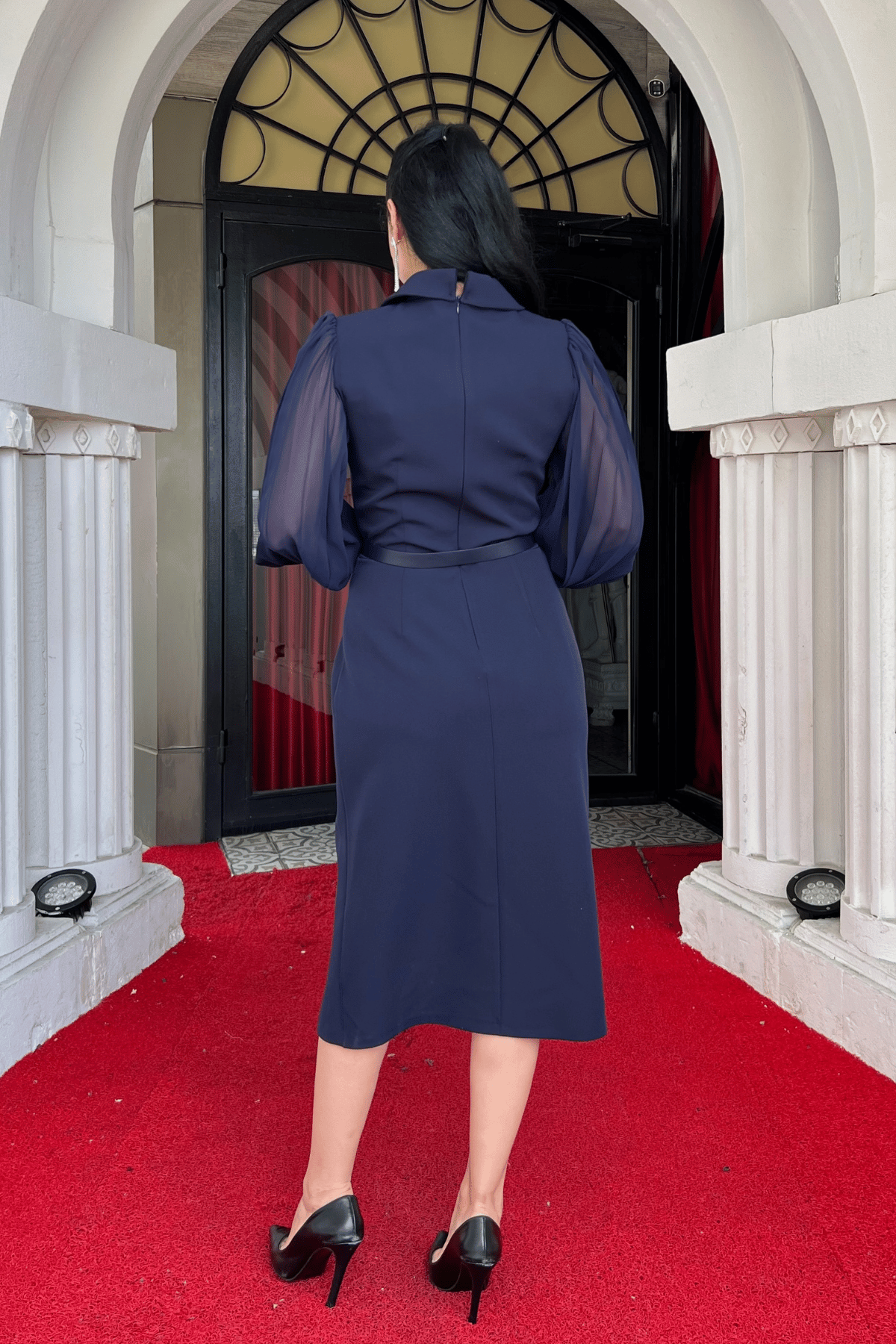 Atlas Kumaş Kolları Şifon Detaylı Ceket Elbise - LACİVERT