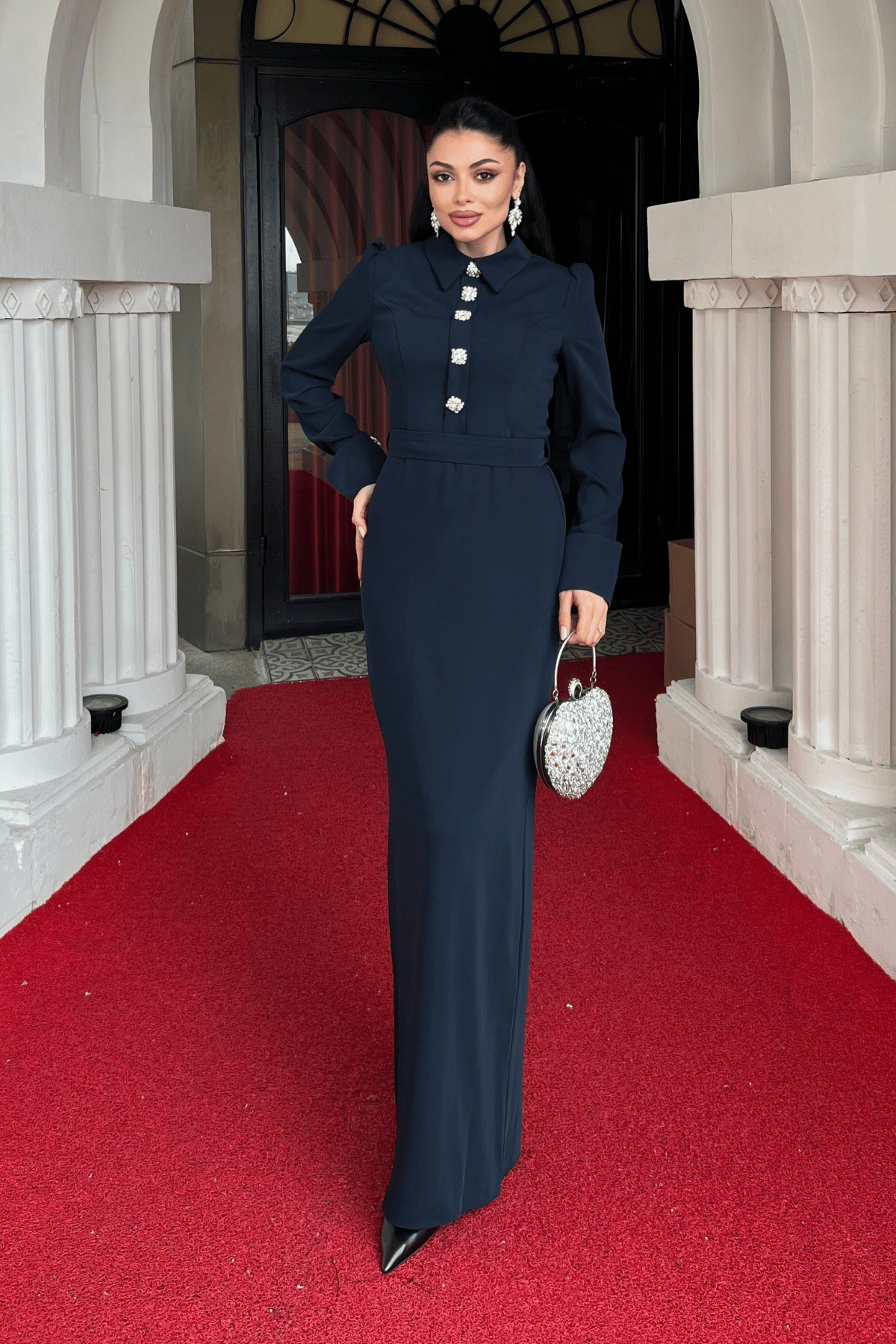 Atlas Kumaş Manşet Detaylı Abiye Elbise - LACİVERT