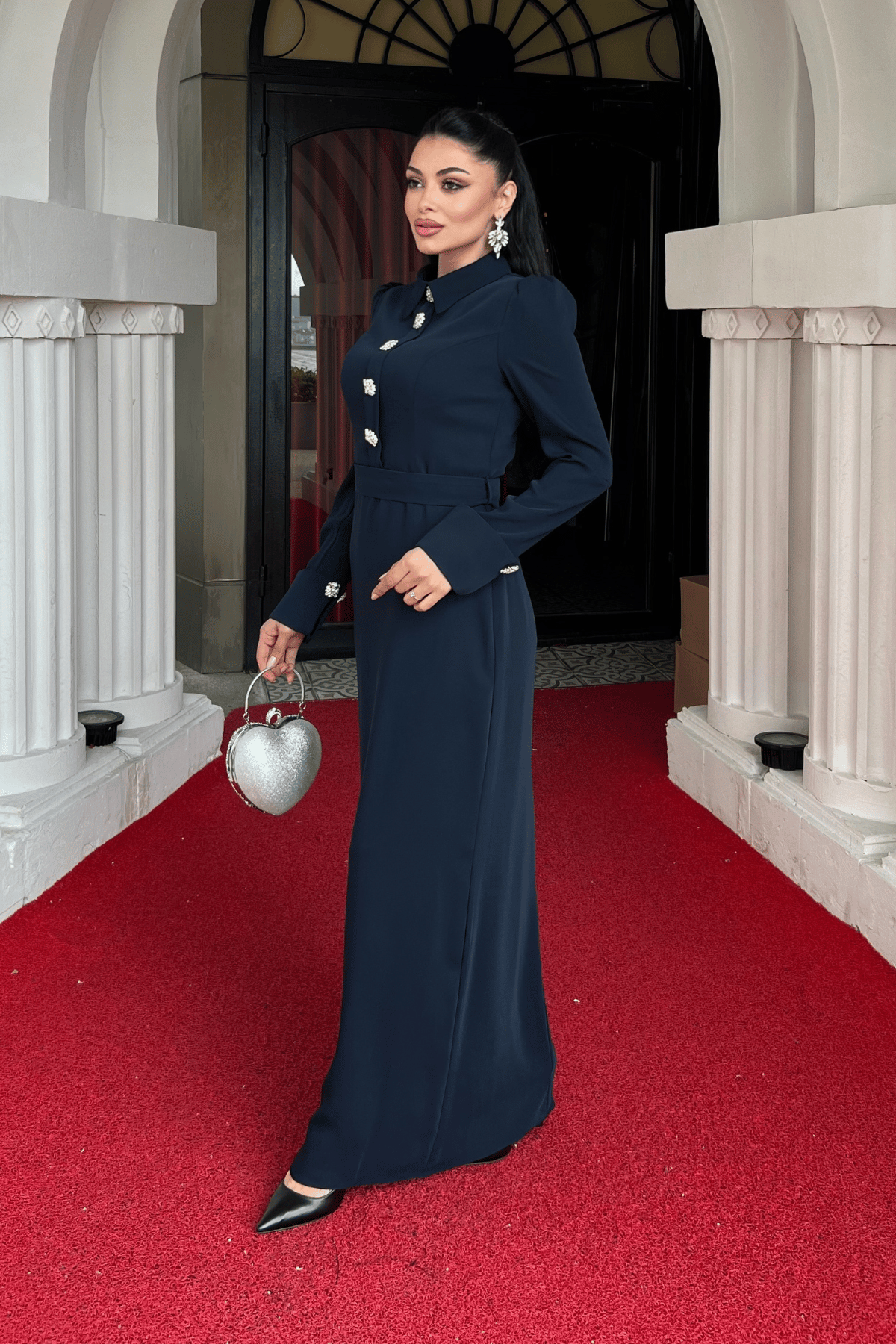 Atlas Kumaş Manşet Detaylı Abiye Elbise - LACİVERT