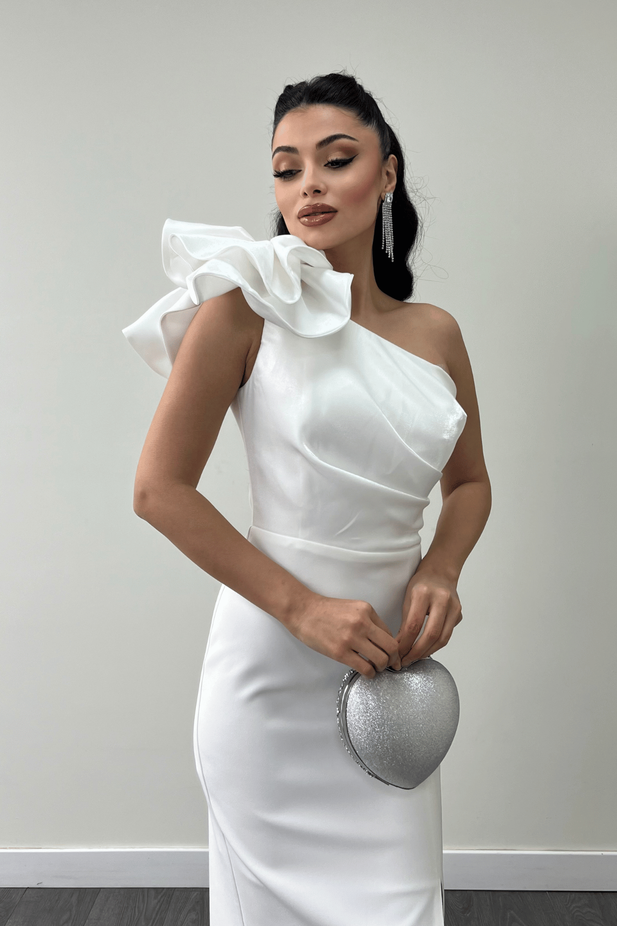 Atlas Kumaş Omuz Organze Detaylı Kalem Elbise - BEYAZ