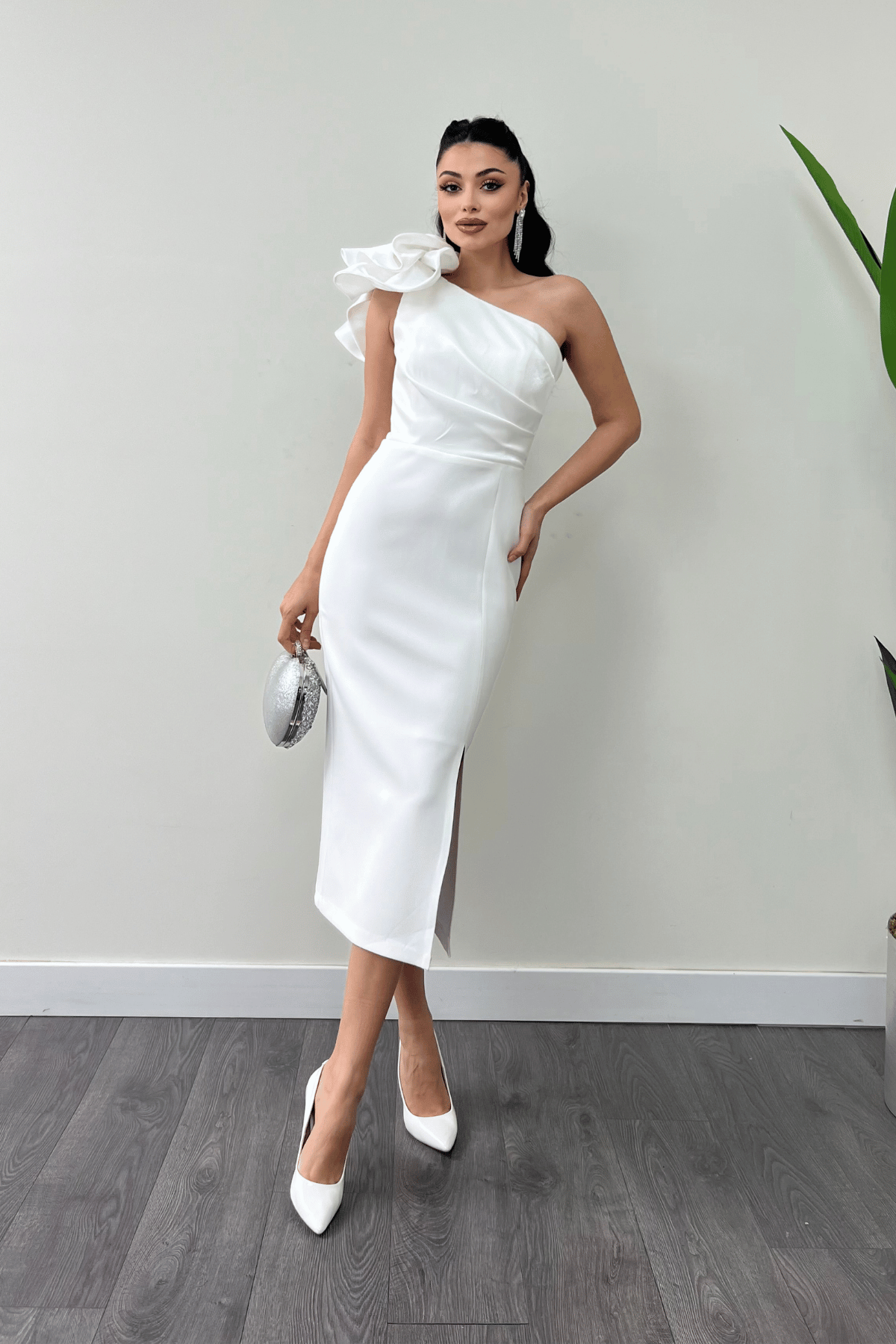 Atlas Kumaş Omuz Organze Detaylı Kalem Elbise - BEYAZ