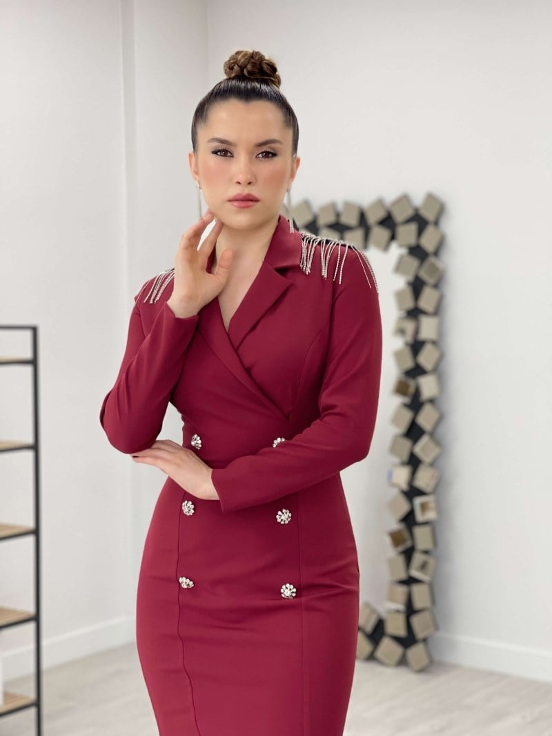 Atlas Kumaş Omuz Püsküllü Ceket Elbise - BORDO