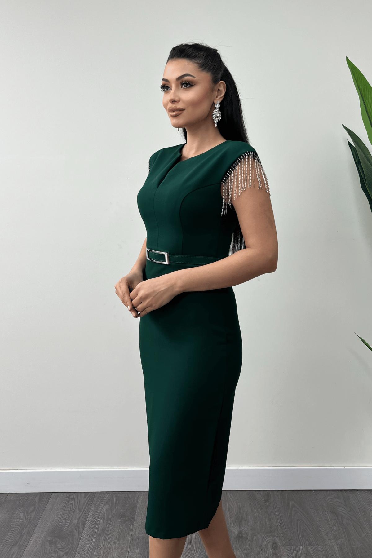 Atlas Fabric Shoulder Stone Tasseled Dress - Green
