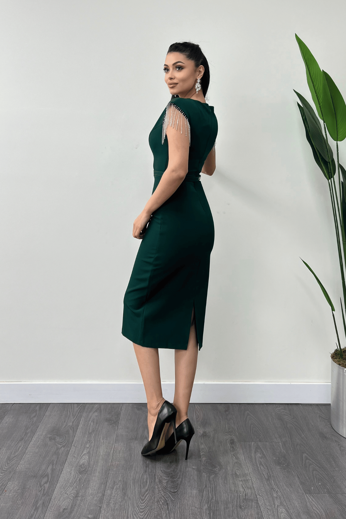 Atlas Fabric Shoulder Stone Tasseled Dress - Green