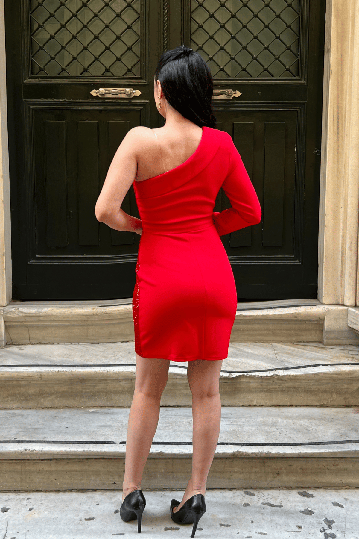 Atlas Kumaş Payet Detaylı Ceket Elbise - KIRMIZI