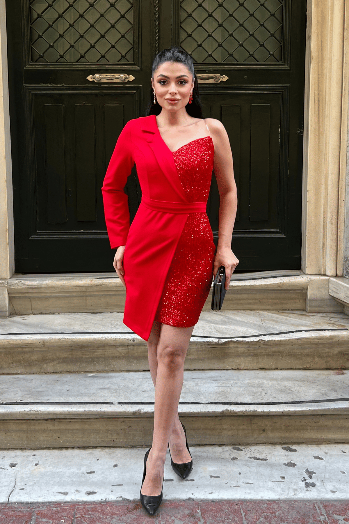 Atlas Kumaş Payet Detaylı Ceket Elbise - KIRMIZI