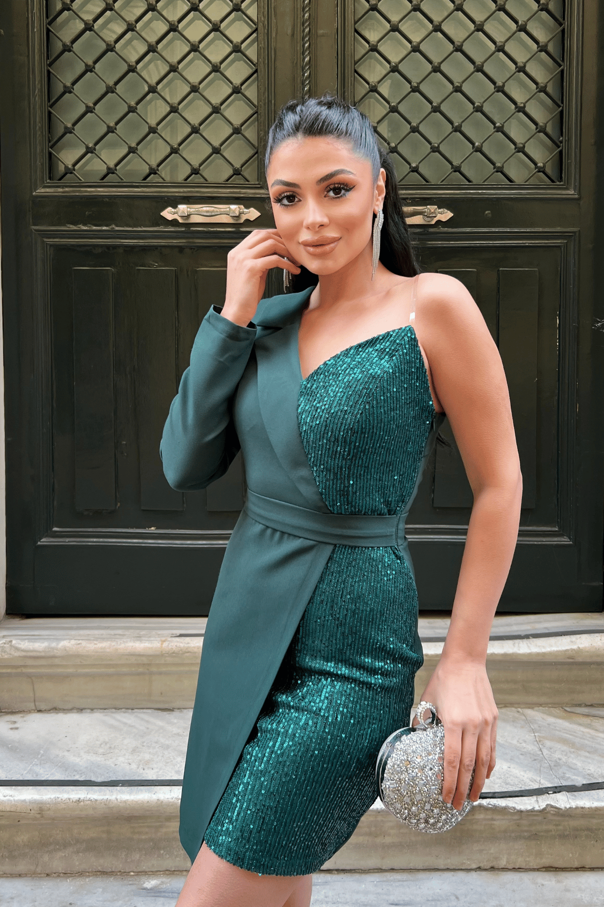 Atlas Kumaş Payet Detaylı Ceket Elbise - ZÜMRÜT YEŞİL