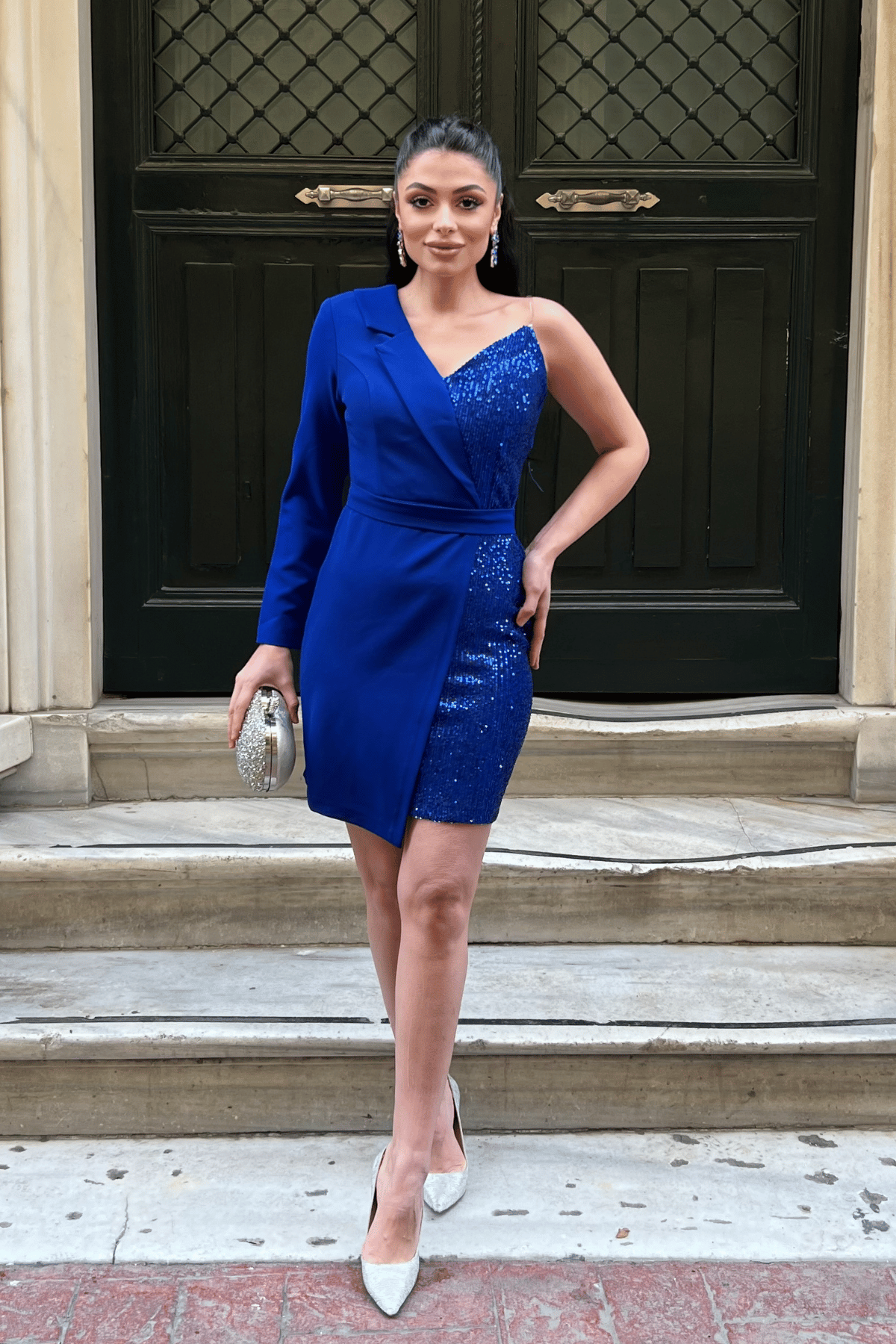 Atlas Kumaş Payet Detaylı Ceket Elbise - SAKS MAVİ