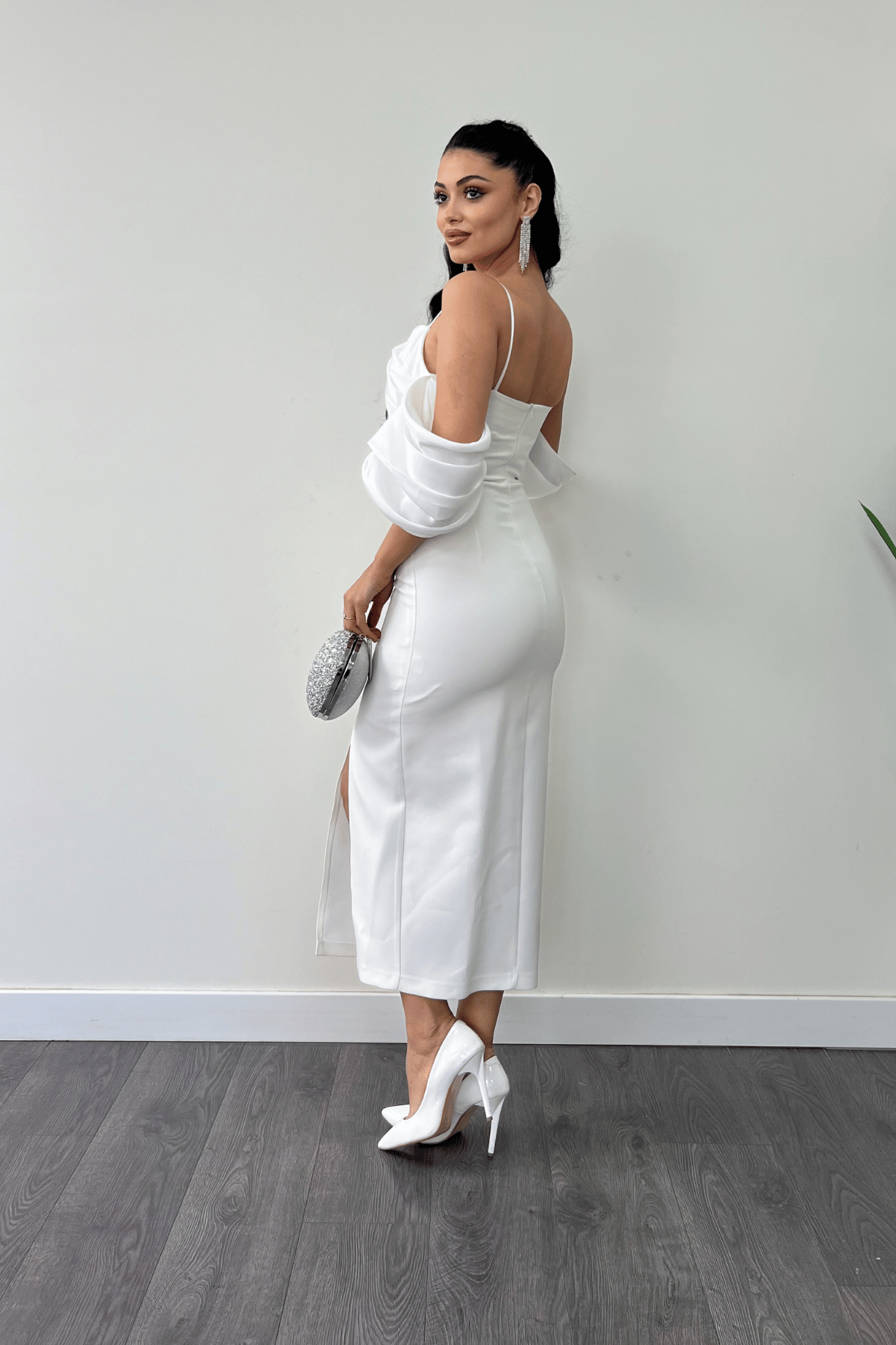 Atlas Kumaş Saten Detaylı Kalem Elbise - BEYAZ