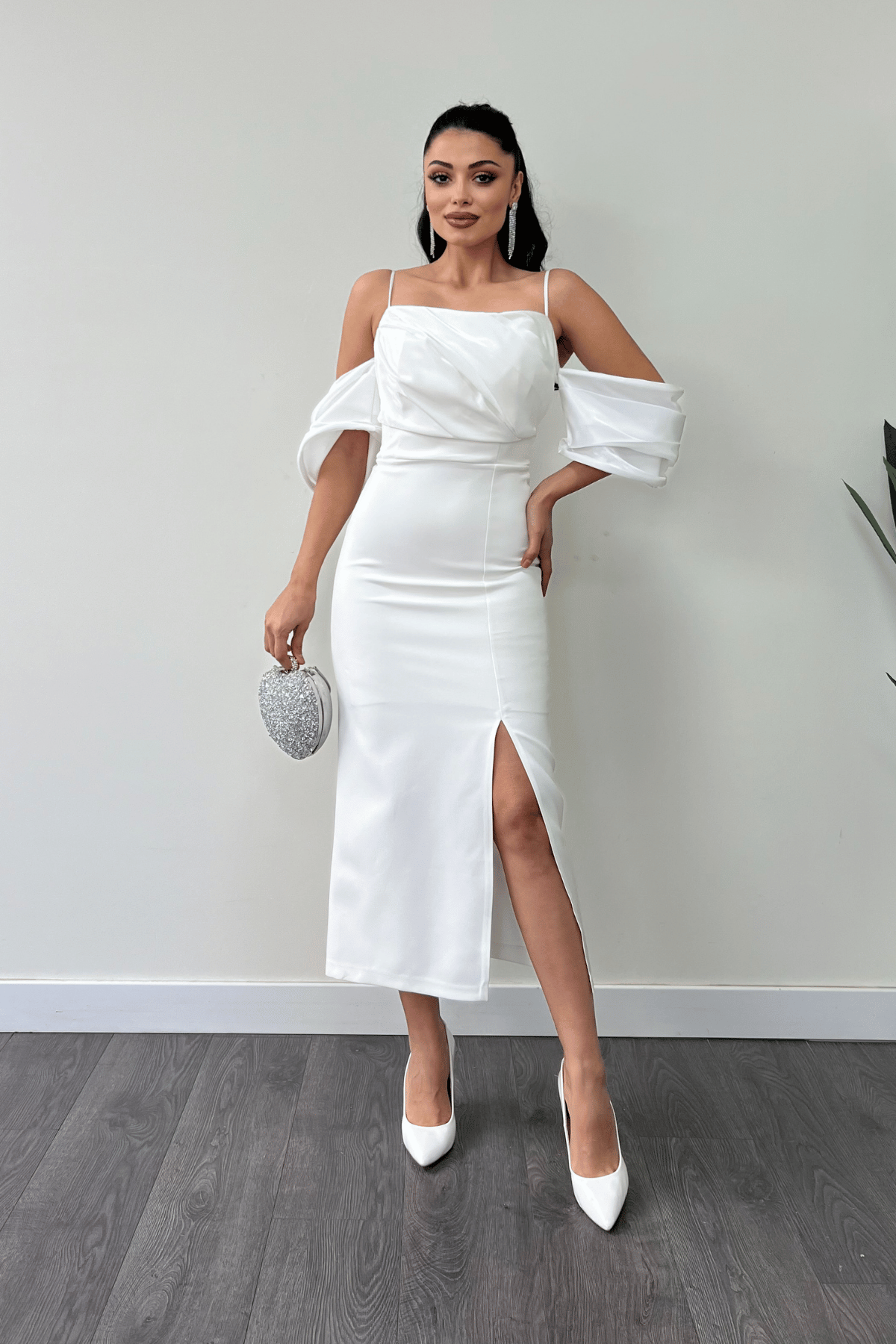 Atlas Kumaş Saten Detaylı Kalem Elbise - BEYAZ